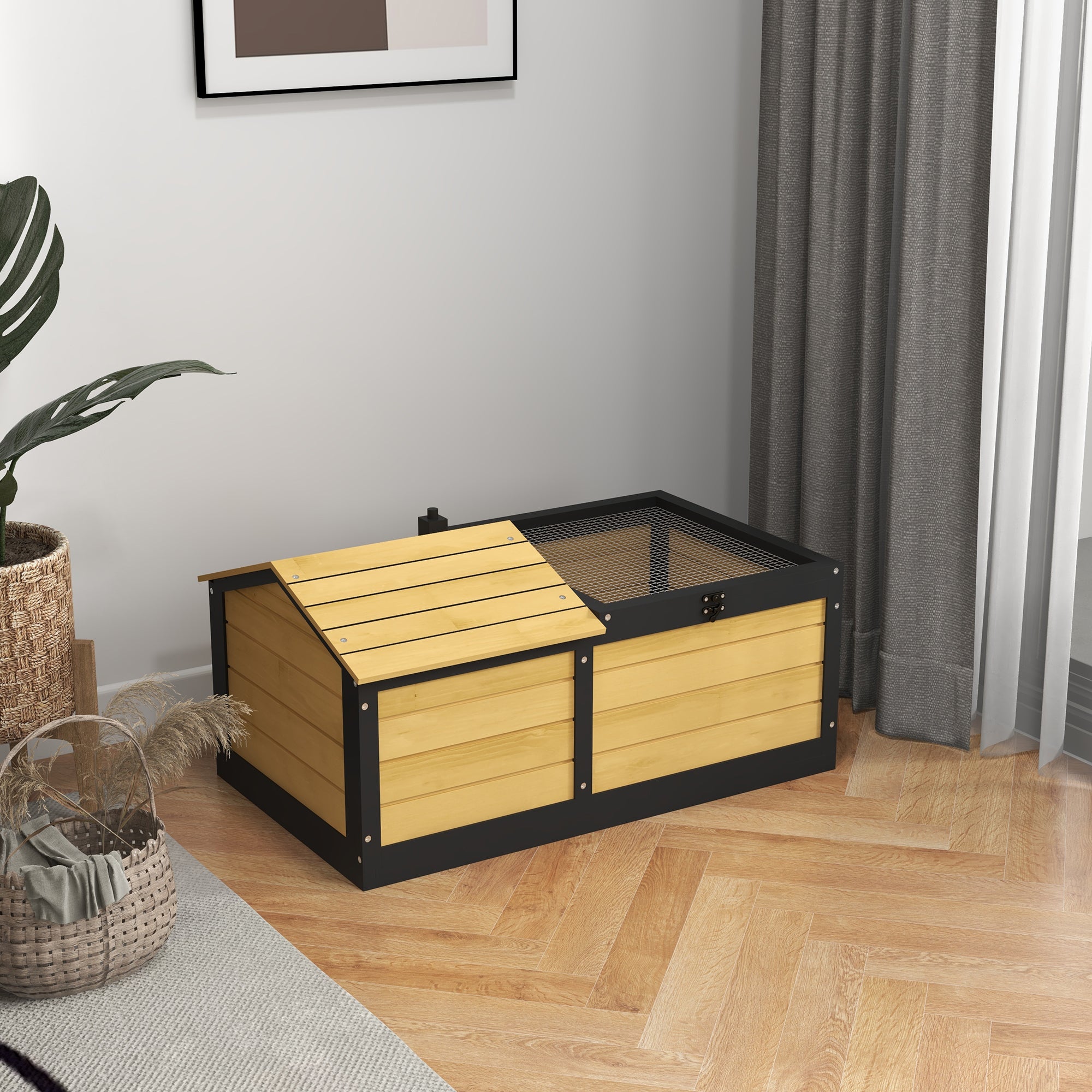 PawHut Wooden Tortoise House Tortoise Table with Hide Shelter Run, Openable Top, Tray, Yellow
