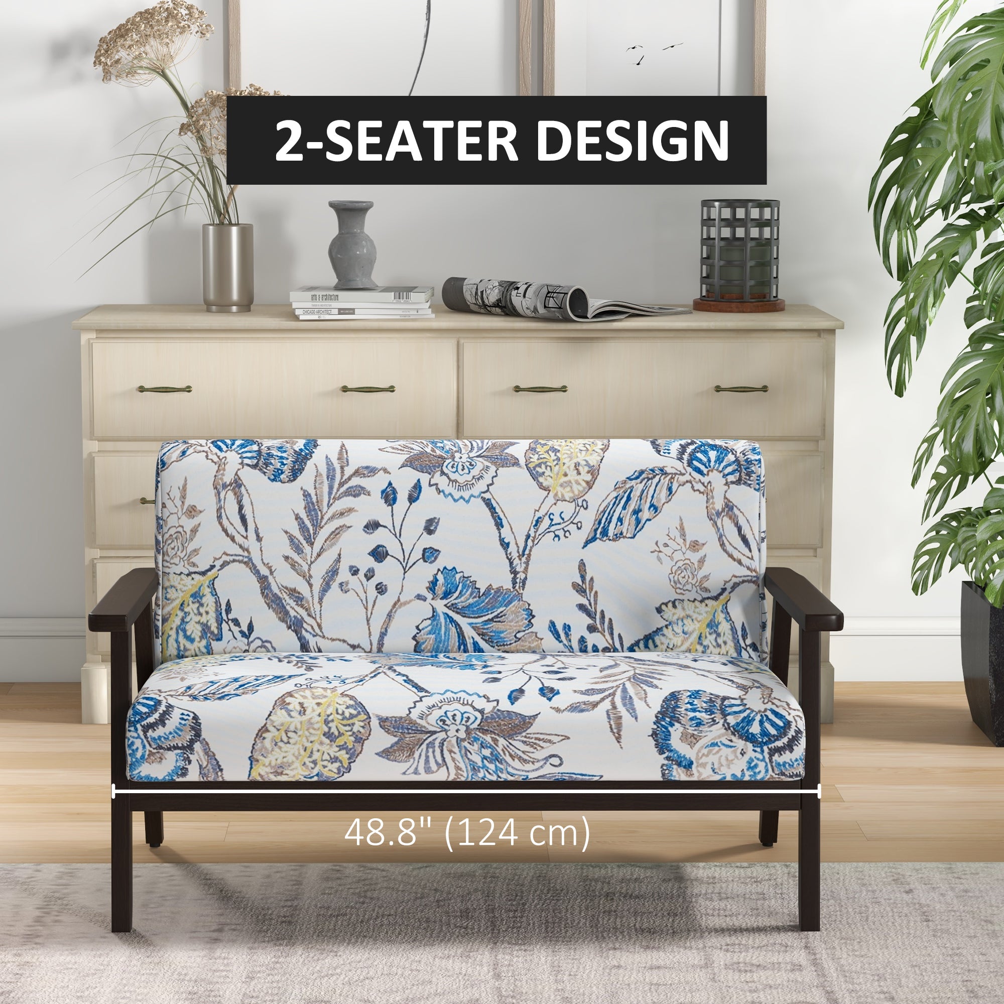 HOMCOM 48" Loveseat Sofa for Bedroom, Modern Love Seats Furniture, Upholstered 2 Seater Couch with Rubber Wood Legs for Living Room, Multicolour