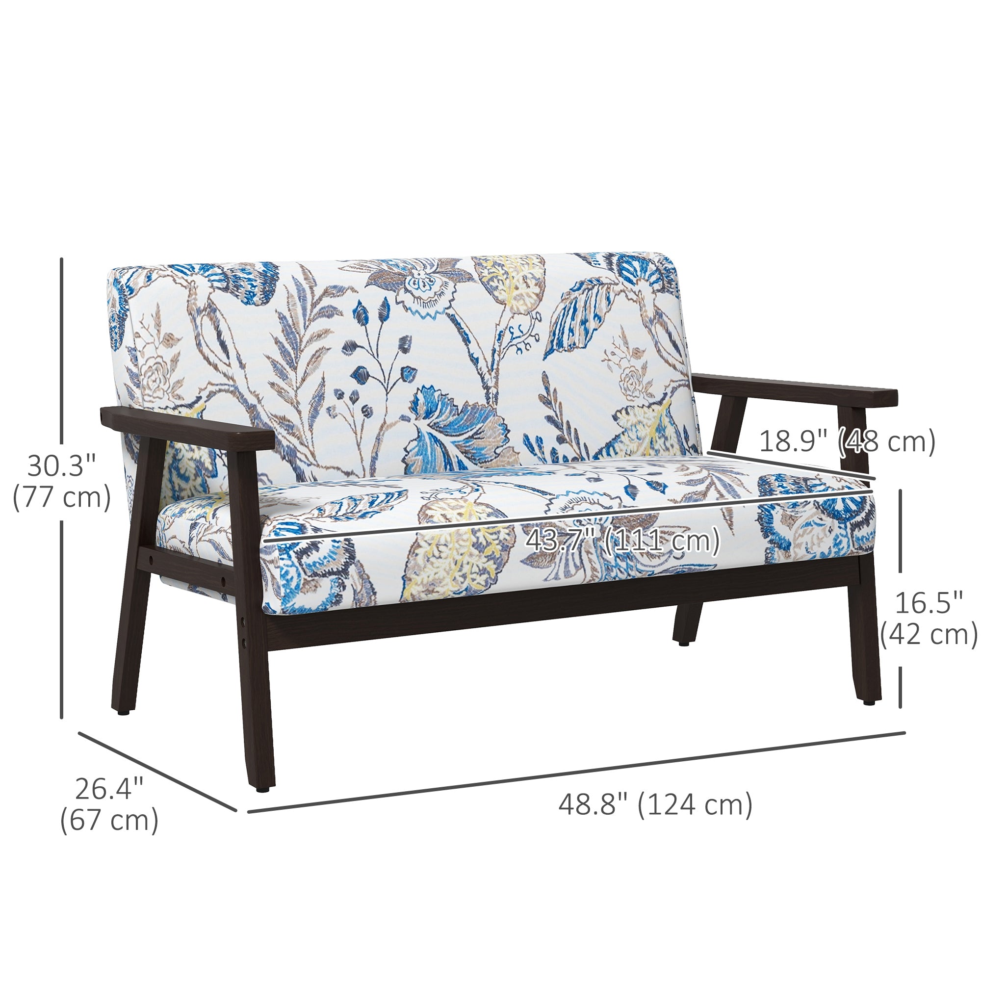 HOMCOM 48" Loveseat Sofa for Bedroom, Modern Love Seats Furniture, Upholstered 2 Seater Couch with Rubber Wood Legs for Living Room, Multicolour