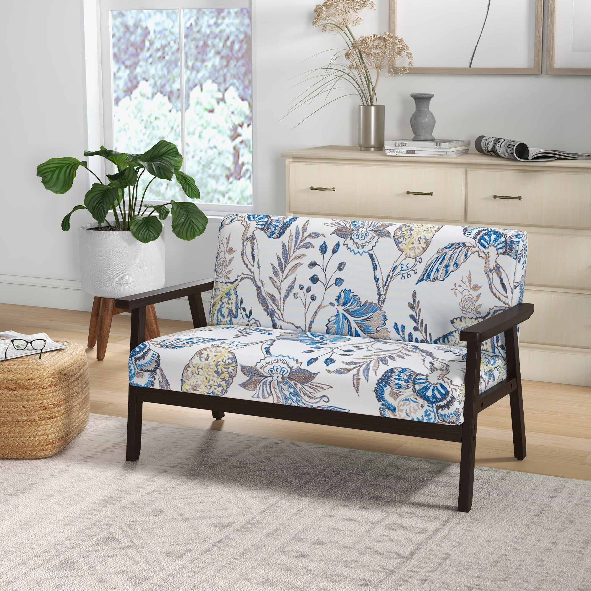 HOMCOM 48" Loveseat Sofa for Bedroom, Modern Love Seats Furniture, Upholstered 2 Seater Couch with Rubber Wood Legs for Living Room, Multicolour