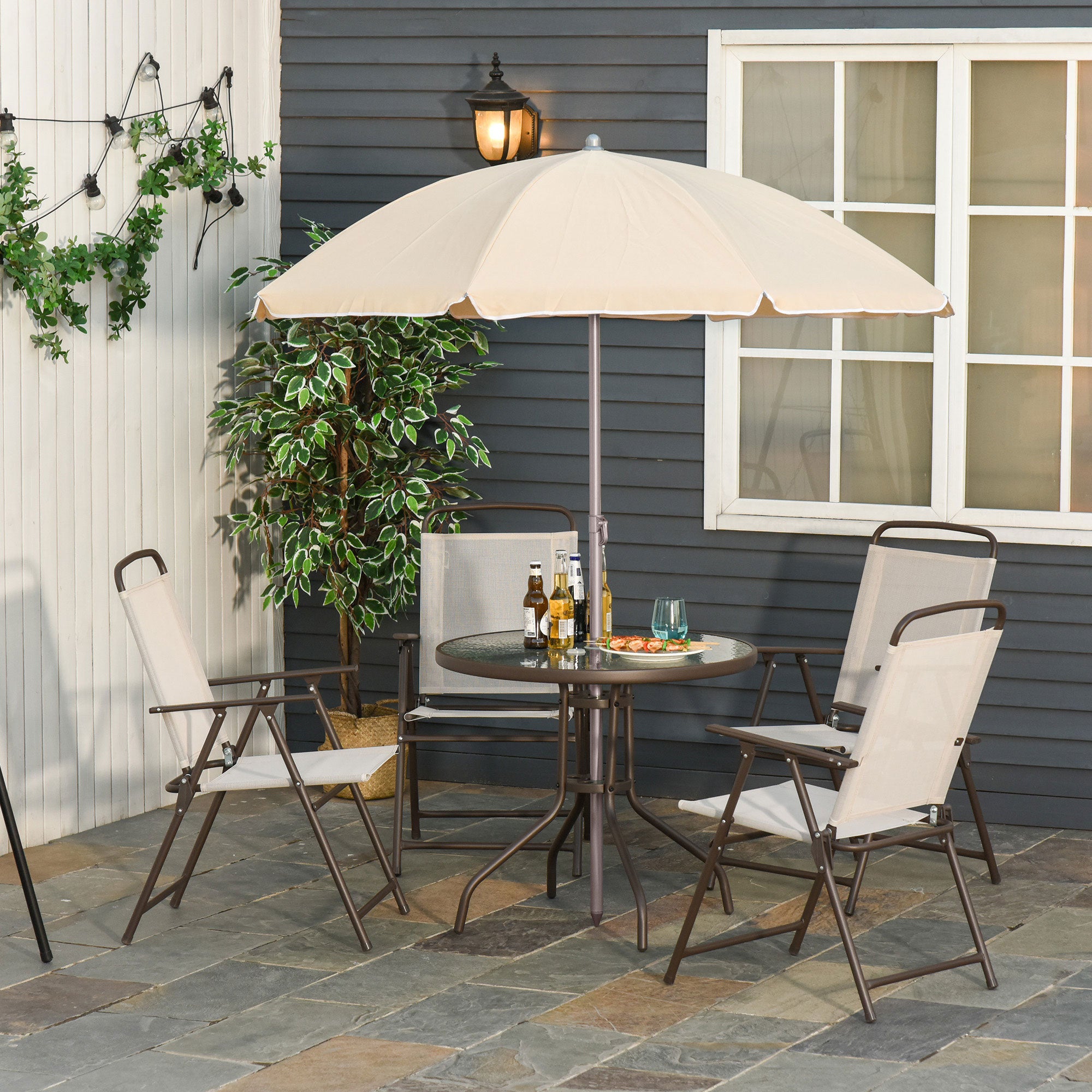 Outsunny 6 Pieces Patio Dining Set with Umbrella, Outdoor Furniture Set with Round Table and 4 Folding Chairs for Garden, Lawn, Deck, Cream-white