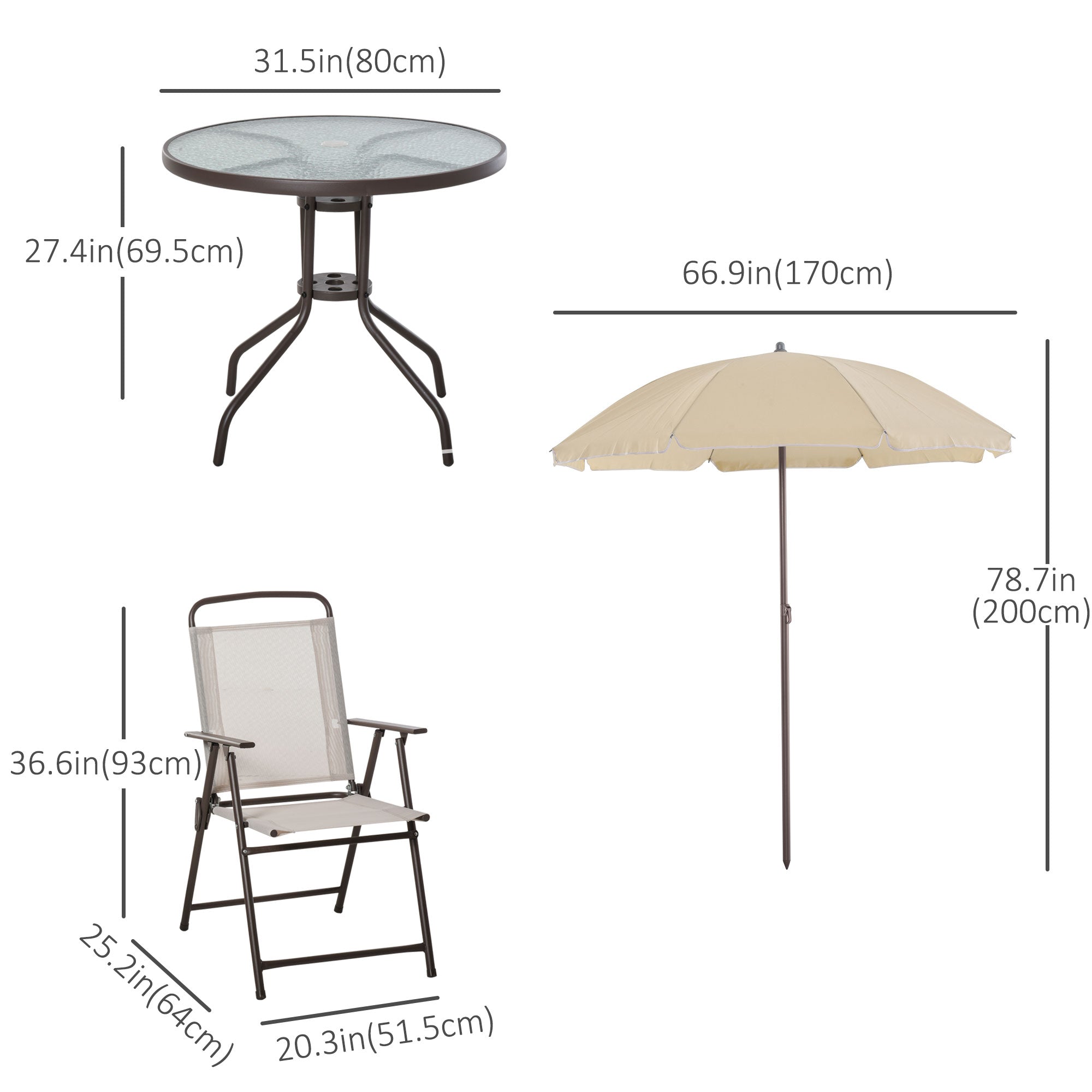 Outsunny 6 Pieces Patio Dining Set with Umbrella, Outdoor Furniture Set with Round Table and 4 Folding Chairs for Garden, Lawn, Deck, Cream-white