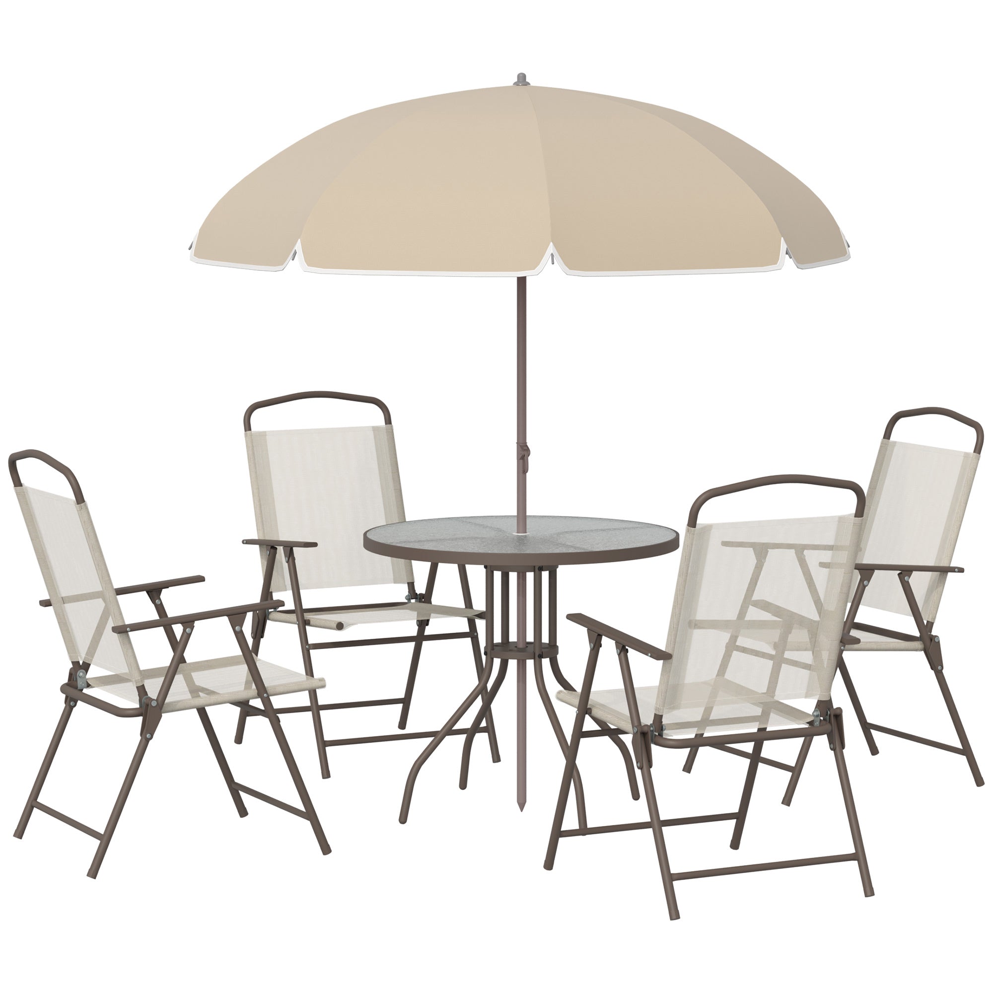 Outsunny 6 Pieces Patio Dining Set with Umbrella, Outdoor Furniture Set with Round Table and 4 Folding Chairs for Garden, Lawn, Deck, Cream-white