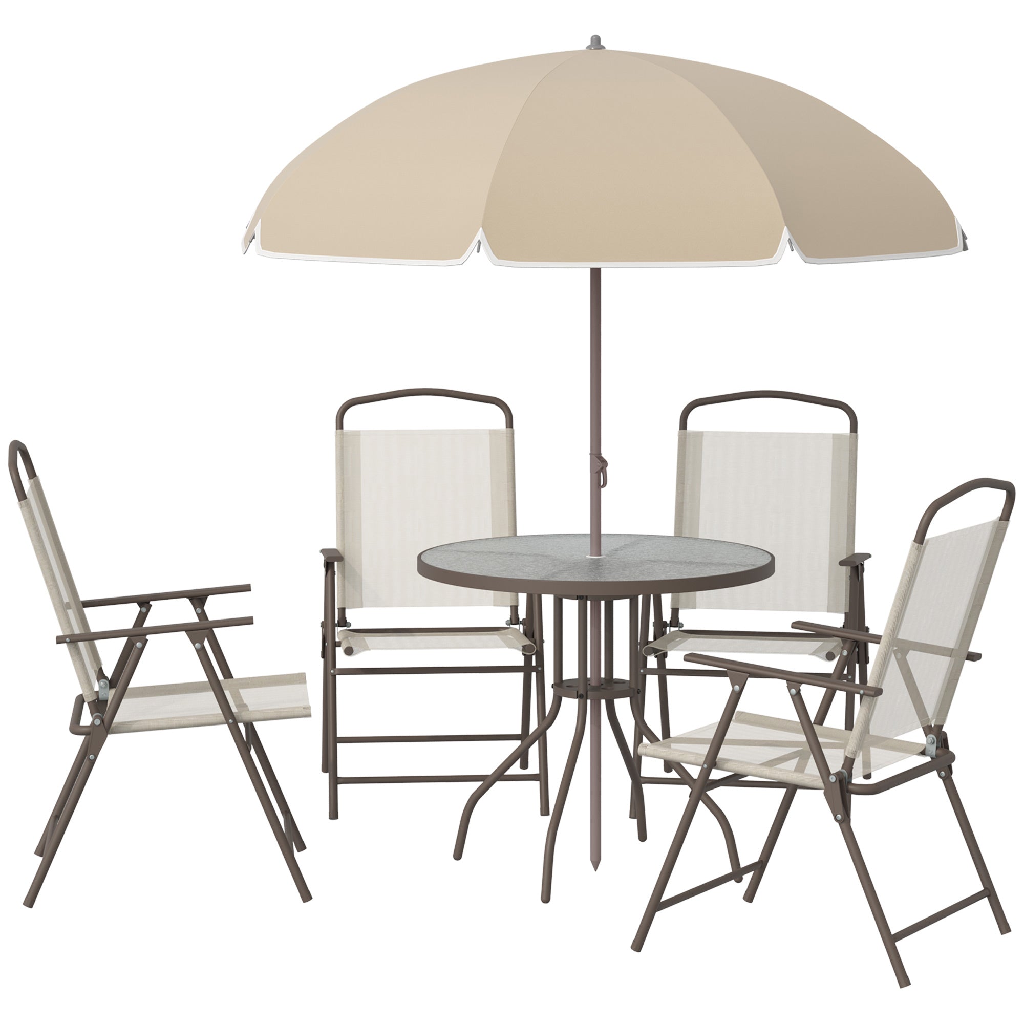 Outsunny 6 Pieces Patio Dining Set with Umbrella, Outdoor Furniture Set with Round Table and 4 Folding Chairs for Garden, Lawn, Deck, Cream-white