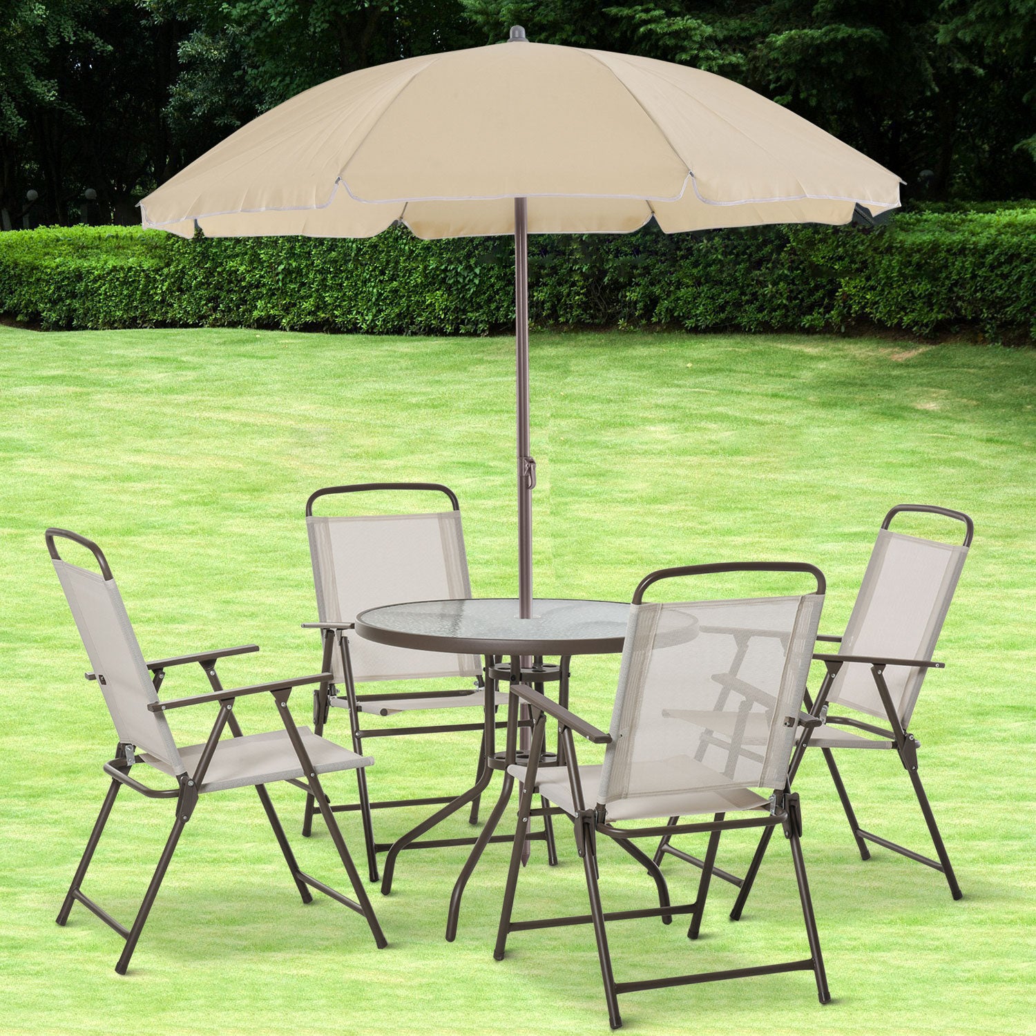 Outsunny 6 Pieces Patio Dining Set with Umbrella, Outdoor Furniture Set with Round Table and 4 Folding Chairs for Garden, Lawn, Deck, Cream-white