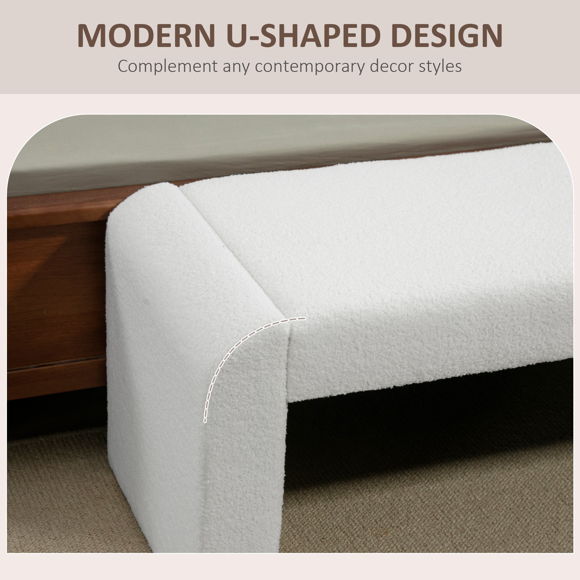 HOMCOM 47" End of Bed Bench, Boucle Upholstered Ottoman Bench, Modern U-Shaped Entryway Bench for Bedroom, Living Room, White