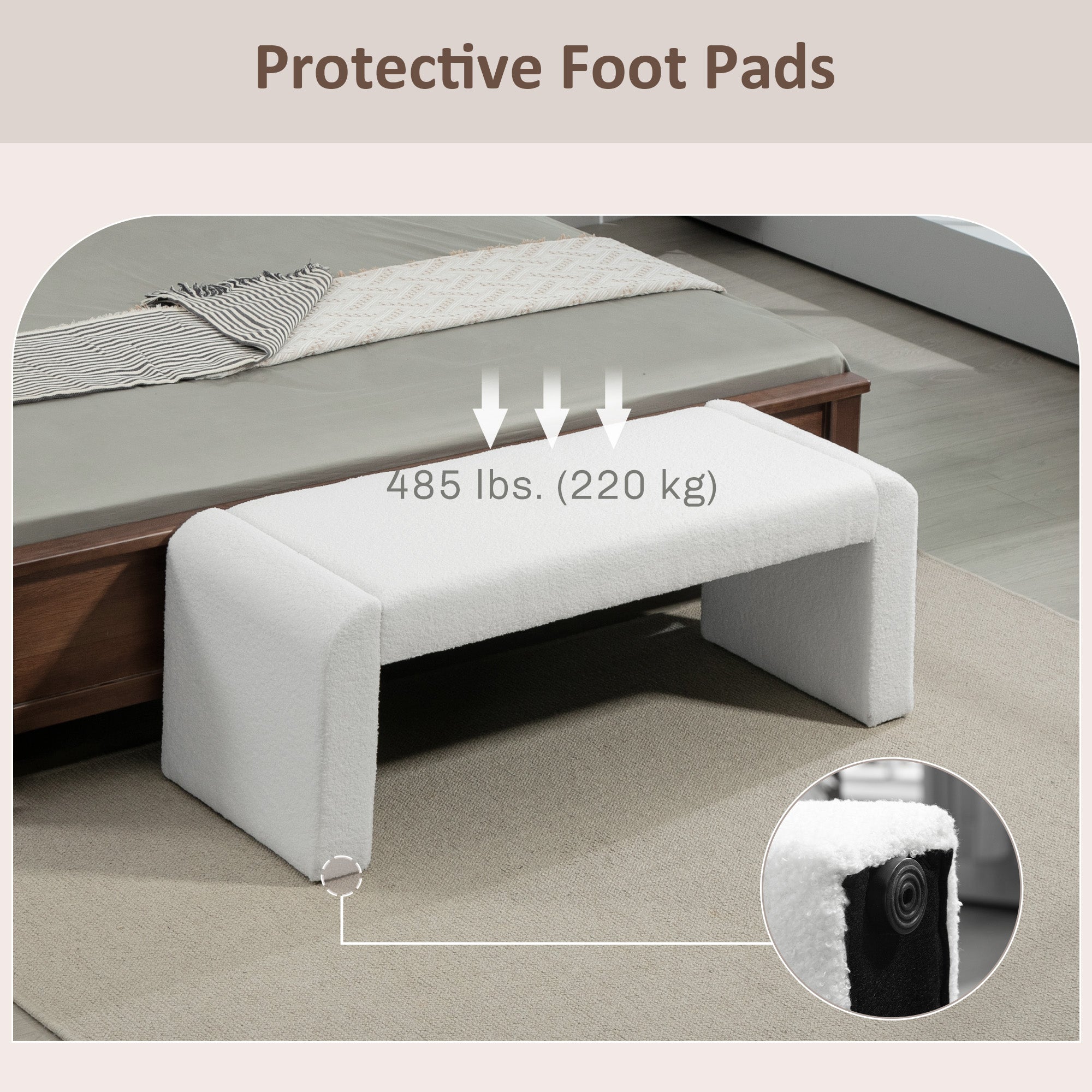 HOMCOM 47" End of Bed Bench, Boucle Upholstered Ottoman Bench, Modern U-Shaped Entryway Bench for Bedroom, Living Room, White