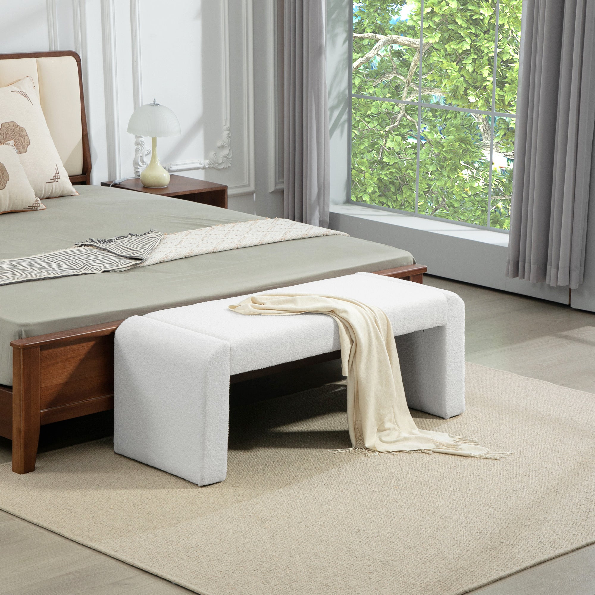 HOMCOM 47" End of Bed Bench, Boucle Upholstered Ottoman Bench, Modern U-Shaped Entryway Bench for Bedroom, Living Room, White