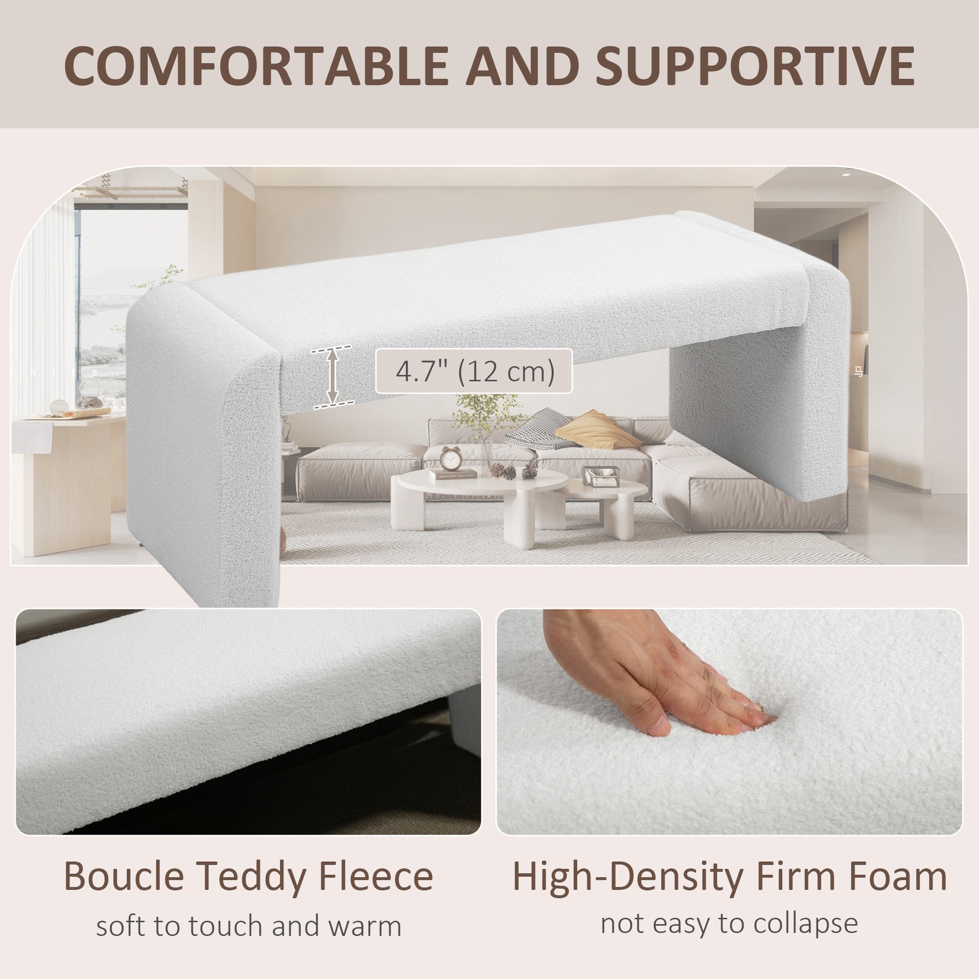 HOMCOM 47" End of Bed Bench, Boucle Upholstered Ottoman Bench, Modern U-Shaped Entryway Bench for Bedroom, Living Room, White