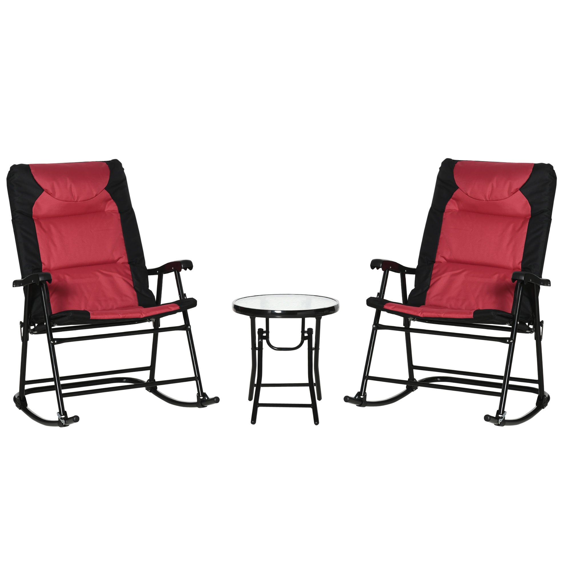 Outsunny 3pc Patio Foldable Rocking Chair Set, Outdoor Rocking Chairs and Table Bistro Set w/ Padded Seat, Headrest, Backrest for park, backyard, garden, Red