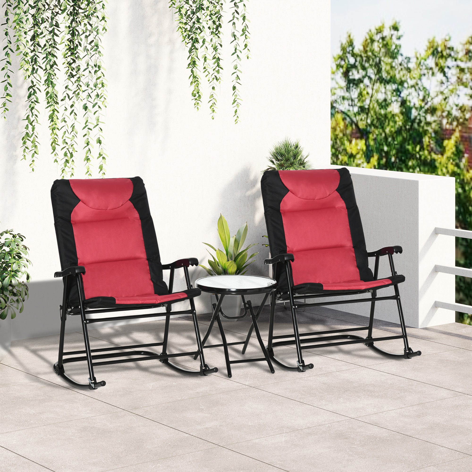 Outsunny 3pc Patio Foldable Rocking Chair Set, Outdoor Rocking Chairs and Table Bistro Set w/ Padded Seat, Headrest, Backrest for park, backyard, garden, Red