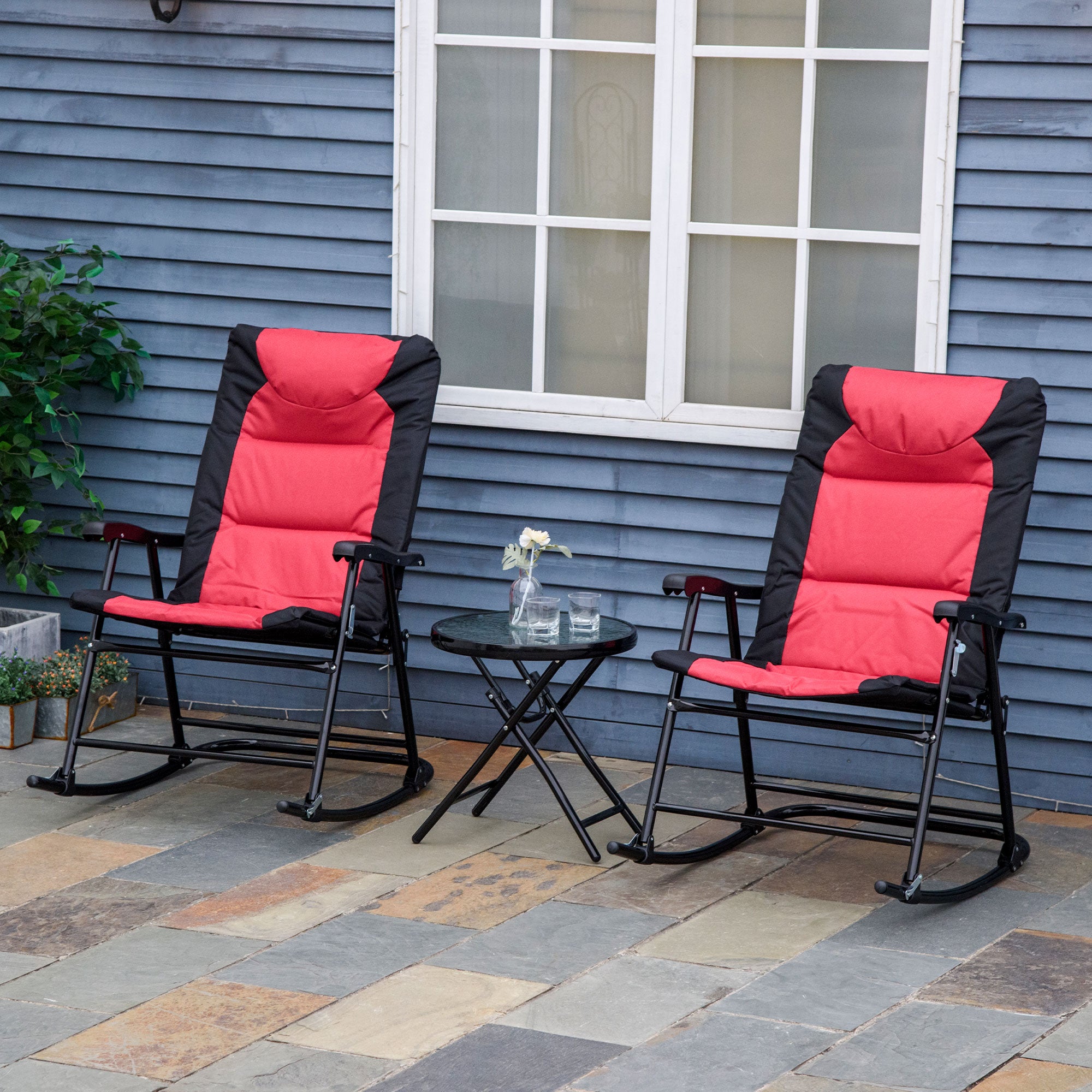 Outsunny 3pc Patio Foldable Rocking Chair Set, Outdoor Rocking Chairs and Table Bistro Set w/ Padded Seat, Headrest, Backrest for park, backyard, garden, Red