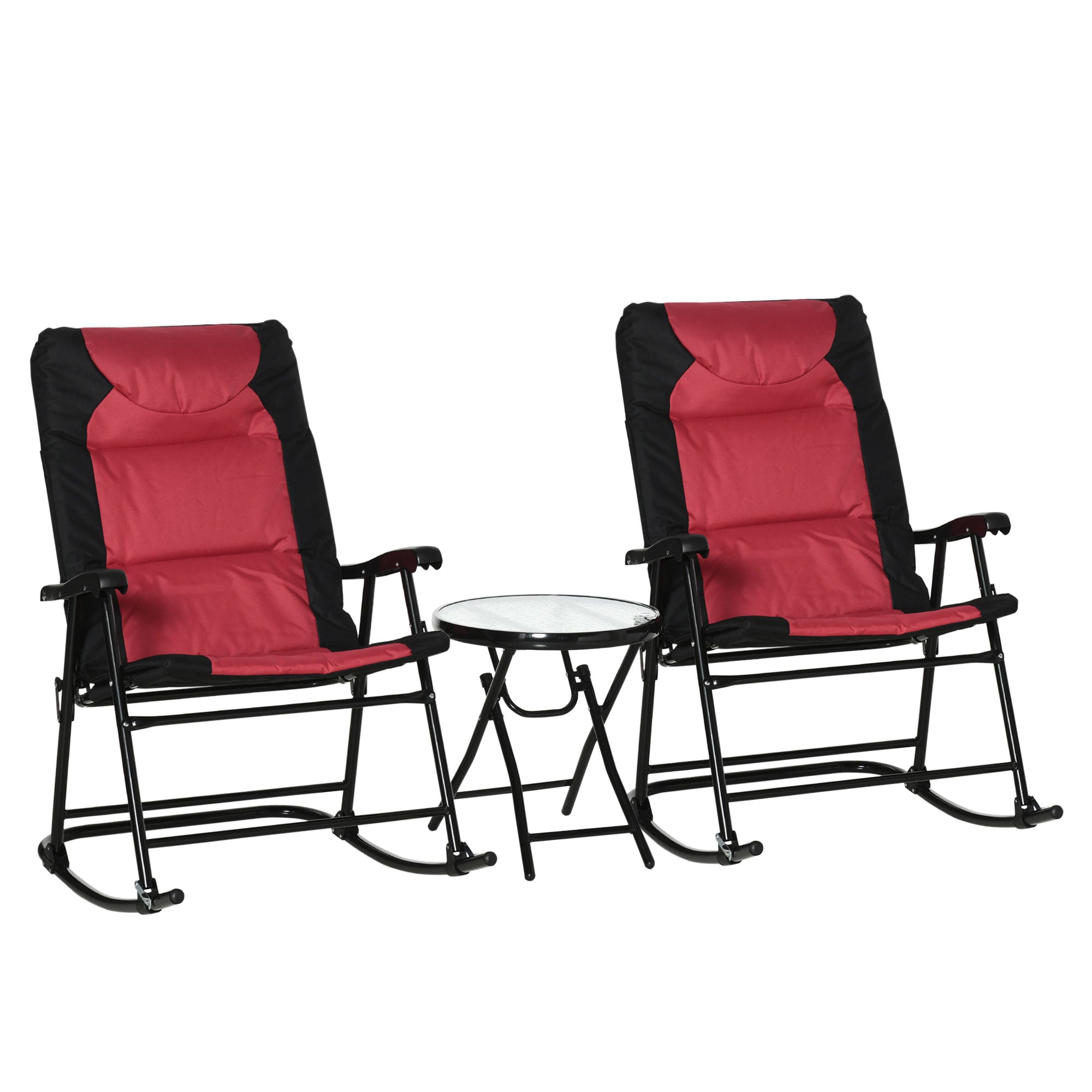 Outsunny 3pc Patio Foldable Rocking Chair Set, Outdoor Rocking Chairs and Table Bistro Set w/ Padded Seat, Headrest, Backrest for park, backyard, garden, Red