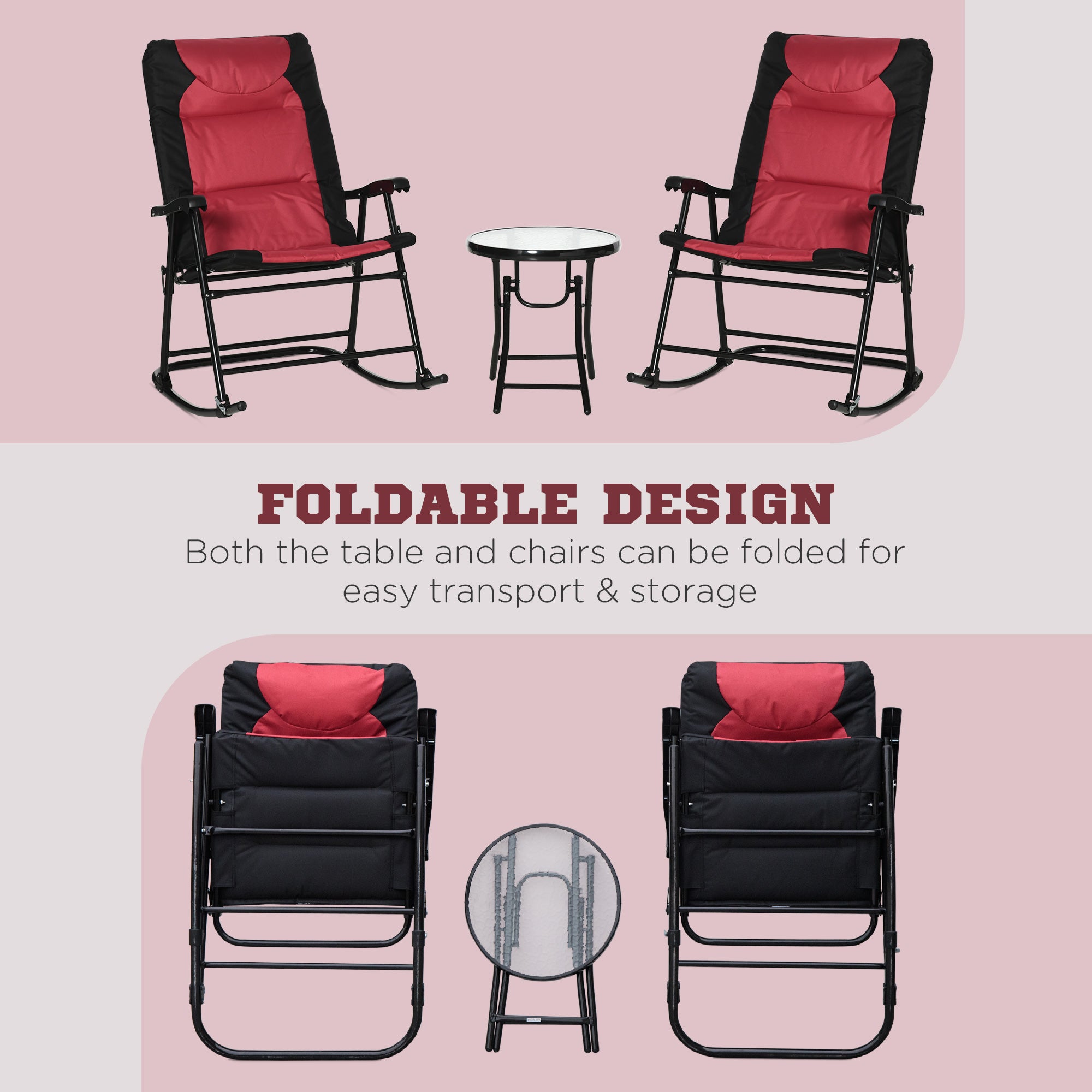 Outsunny 3pc Patio Foldable Rocking Chair Set, Outdoor Rocking Chairs and Table Bistro Set w/ Padded Seat, Headrest, Backrest for park, backyard, garden, Red