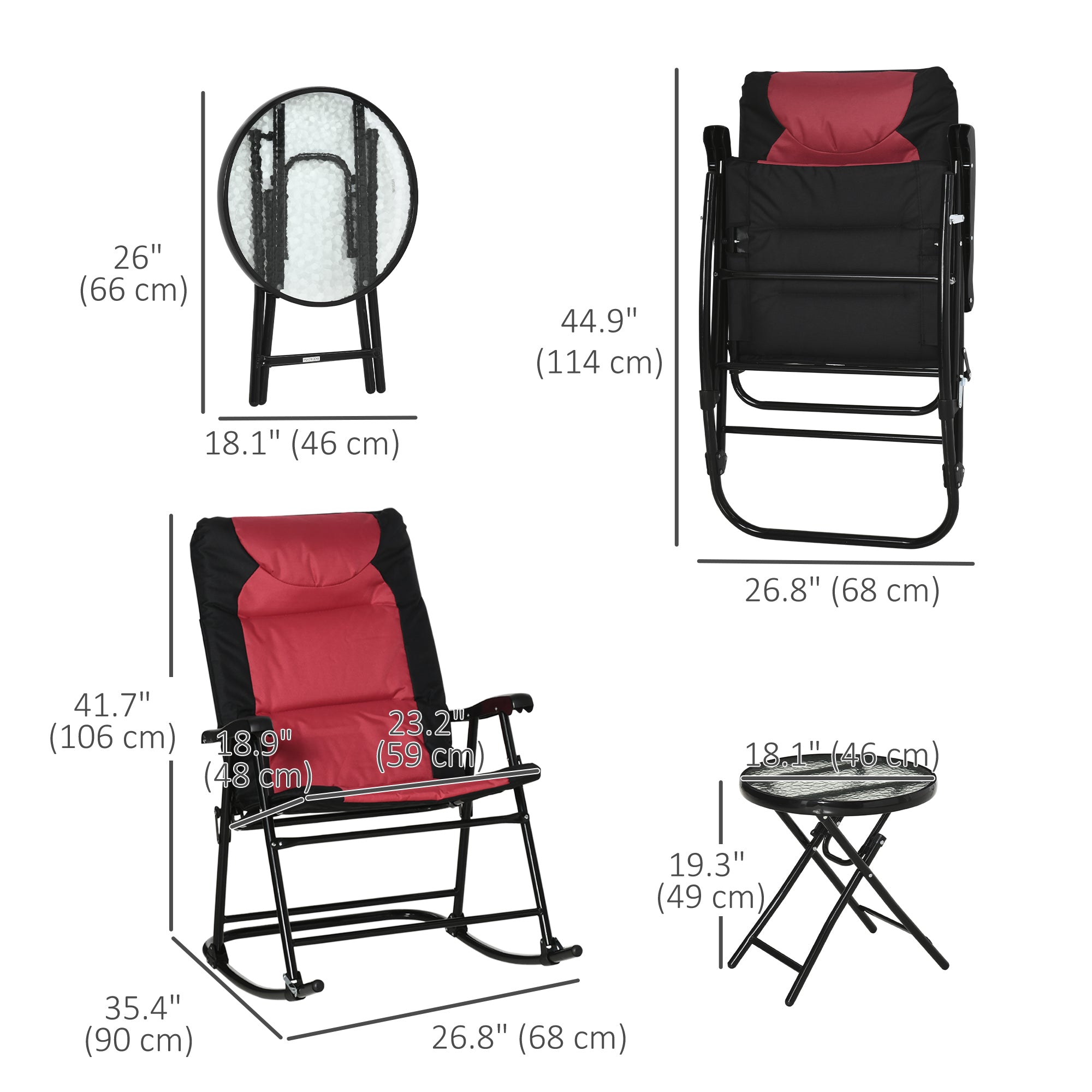 Outsunny 3pc Patio Foldable Rocking Chair Set, Outdoor Rocking Chairs and Table Bistro Set w/ Padded Seat, Headrest, Backrest for park, backyard, garden, Red