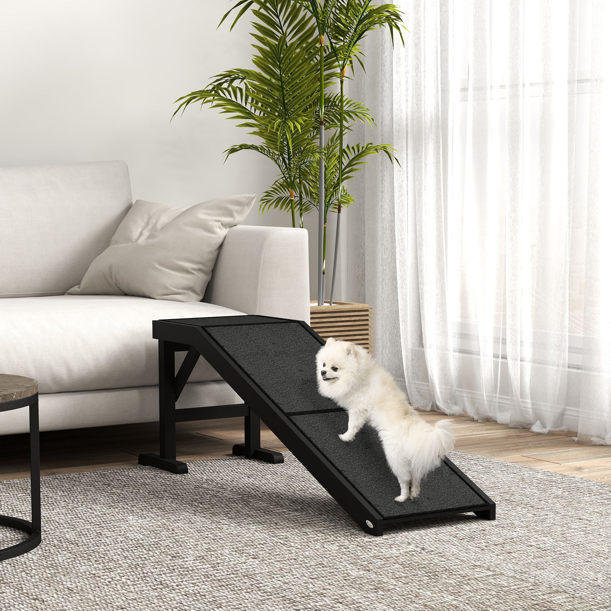 PawHut Pet Ramp Bed Steps for Dogs Cats Non-slip Carpet Top Platform Pine Wood 59"L x 16"W x 20"H Black