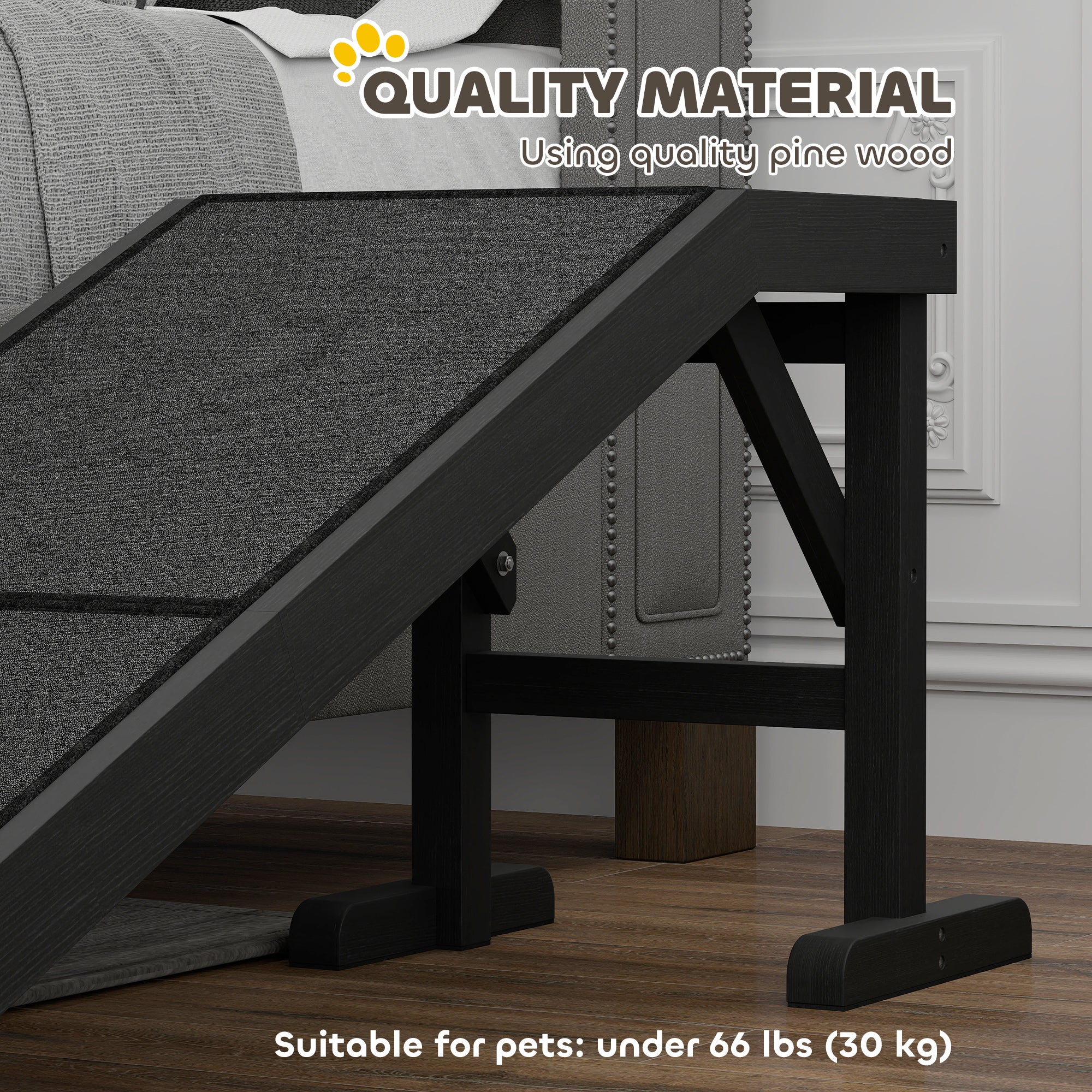 PawHut Pet Ramp Bed Steps for Dogs Cats Non-slip Carpet Top Platform Pine Wood 59"L x 16"W x 20"H Black