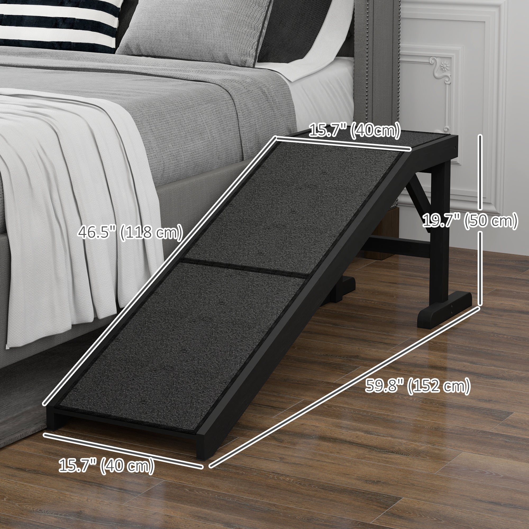 PawHut Pet Ramp Bed Steps for Dogs Cats Non-slip Carpet Top Platform Pine Wood 59"L x 16"W x 20"H Black