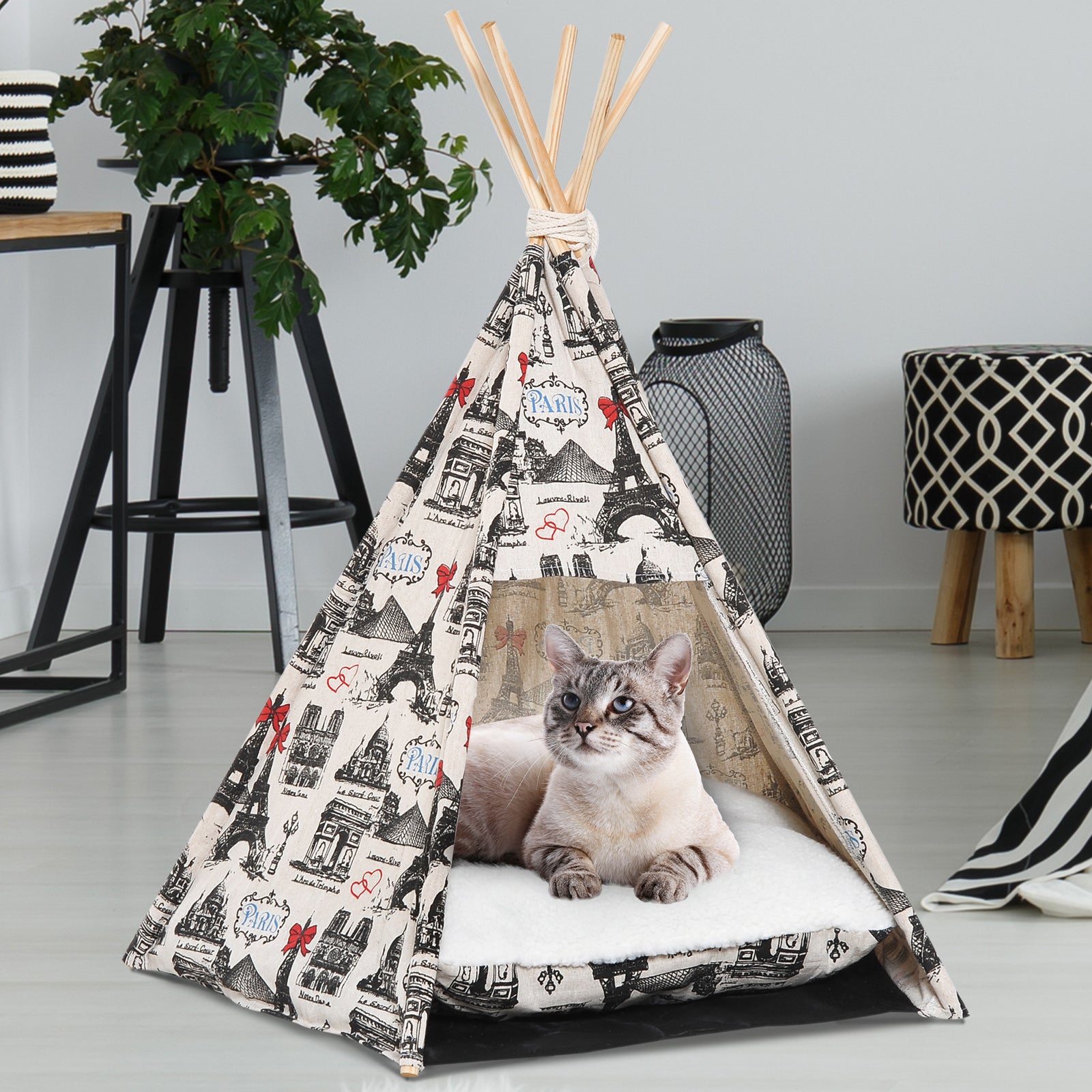 PawHut Portable Canvas Pet Teepee Tent Foldable Cat Bed Dog Puppy House Small Animal Play Kennels Removable Washable Cushion
