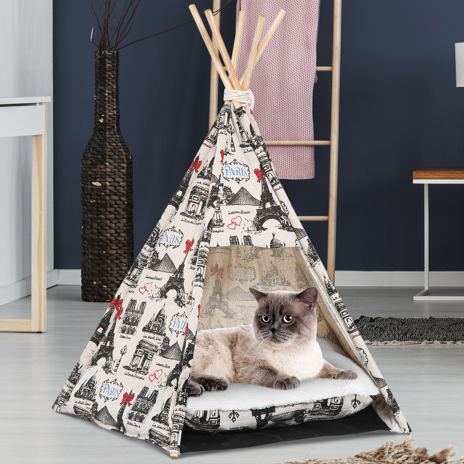 PawHut Portable Canvas Pet Teepee Tent Foldable Cat Bed Dog Puppy House Small Animal Play Kennels Removable Washable Cushion