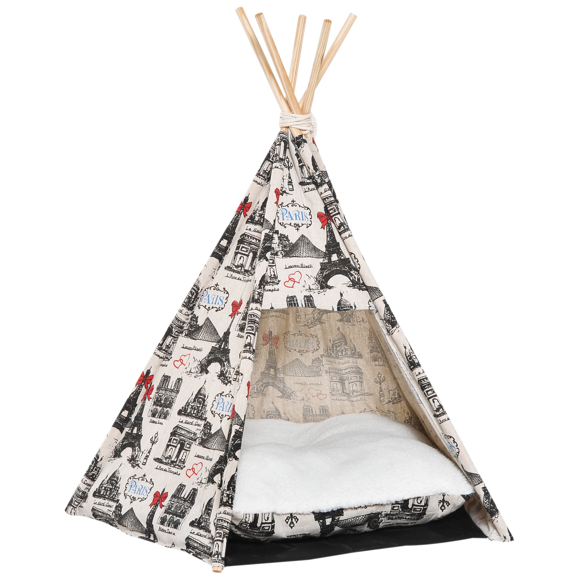 PawHut Portable Canvas Pet Teepee Tent Foldable Cat Bed Dog Puppy House Small Animal Play Kennels Removable Washable Cushion