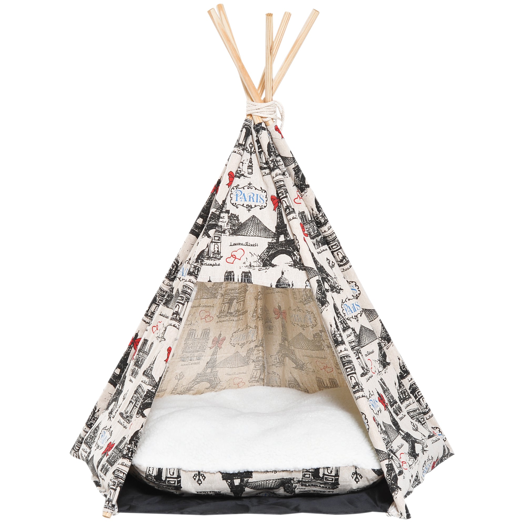 PawHut Portable Canvas Pet Teepee Tent Foldable Cat Bed Dog Puppy House Small Animal Play Kennels Removable Washable Cushion