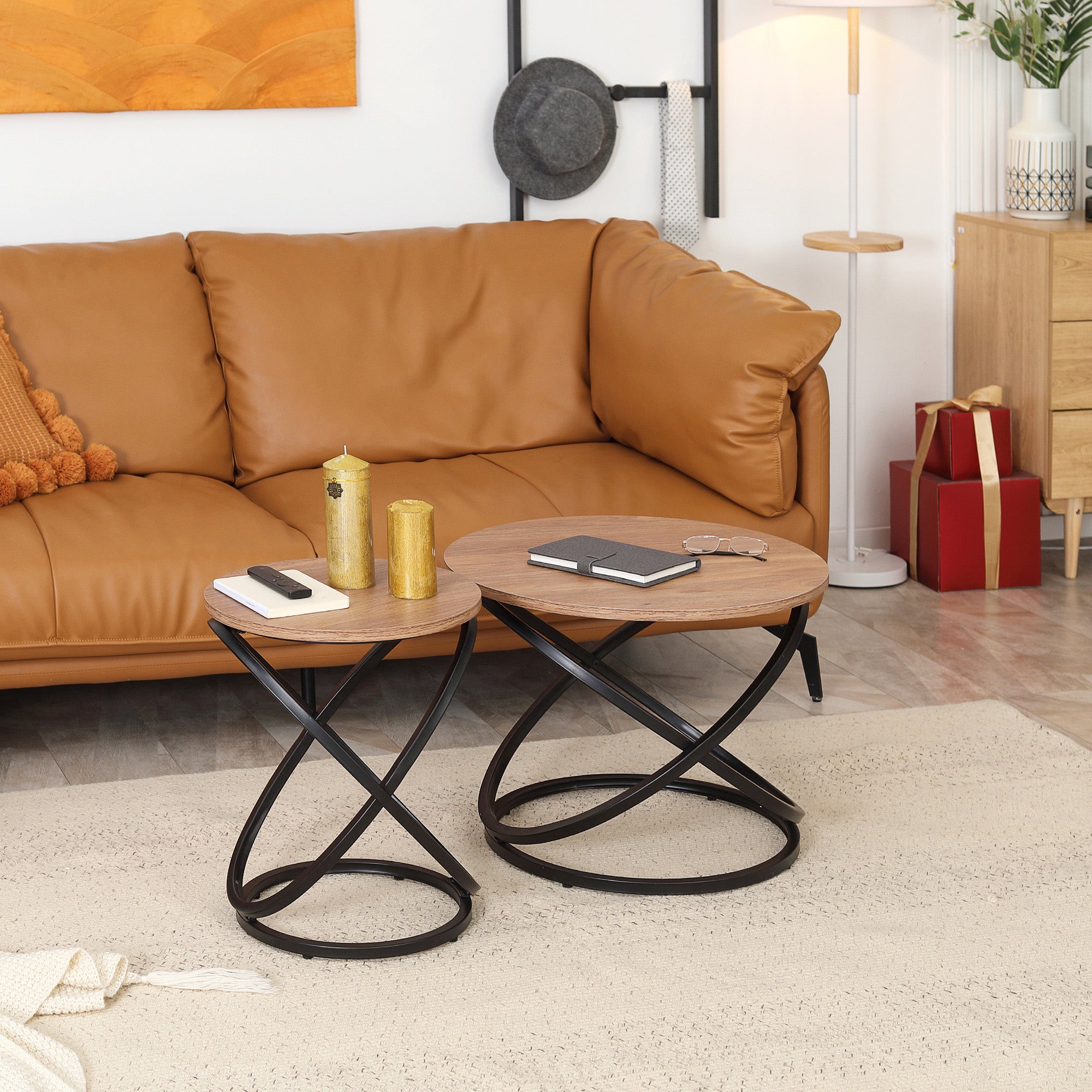 HOMCOM Side Table, Round End Table with Cross-ring Steel Frame, Industrial Accent Table for Living Room, Light Brown
