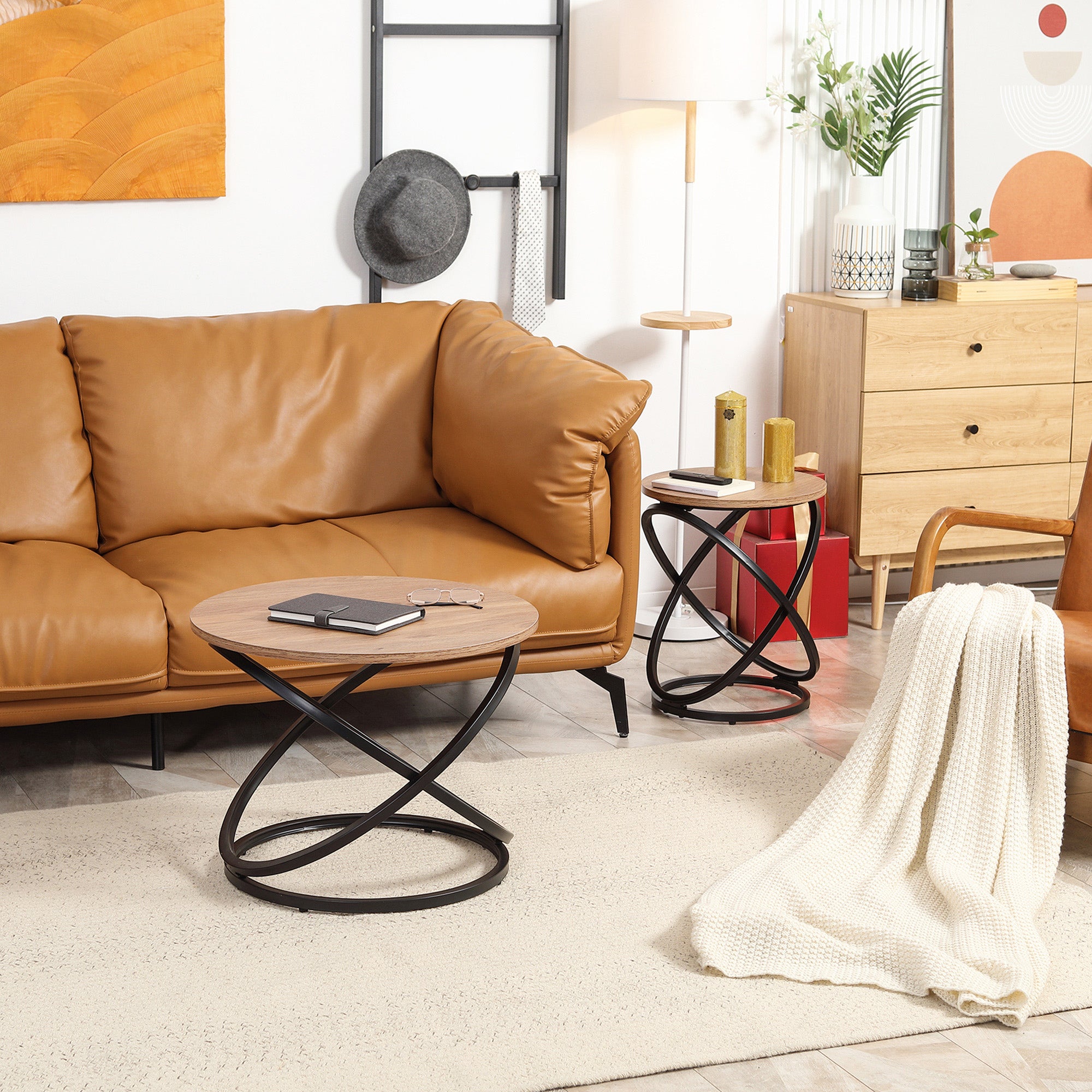 HOMCOM Side Table, Round End Table with Cross-ring Steel Frame, Industrial Accent Table for Living Room, Light Brown