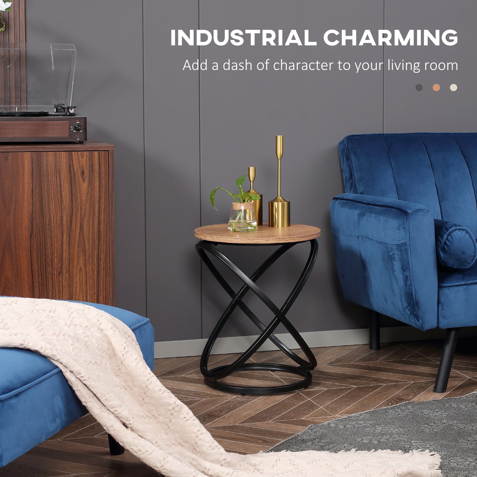 HOMCOM Side Table, Round End Table with Cross-ring Steel Frame, Industrial Accent Table for Living Room, Light Brown