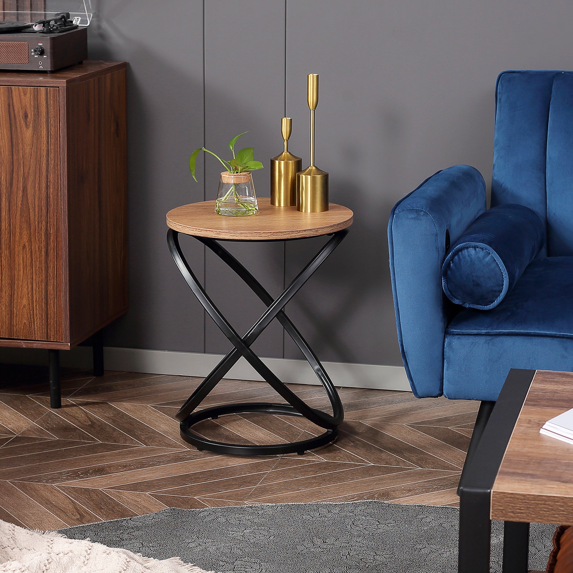 HOMCOM Side Table, Round End Table with Cross-ring Steel Frame, Industrial Accent Table for Living Room, Light Brown