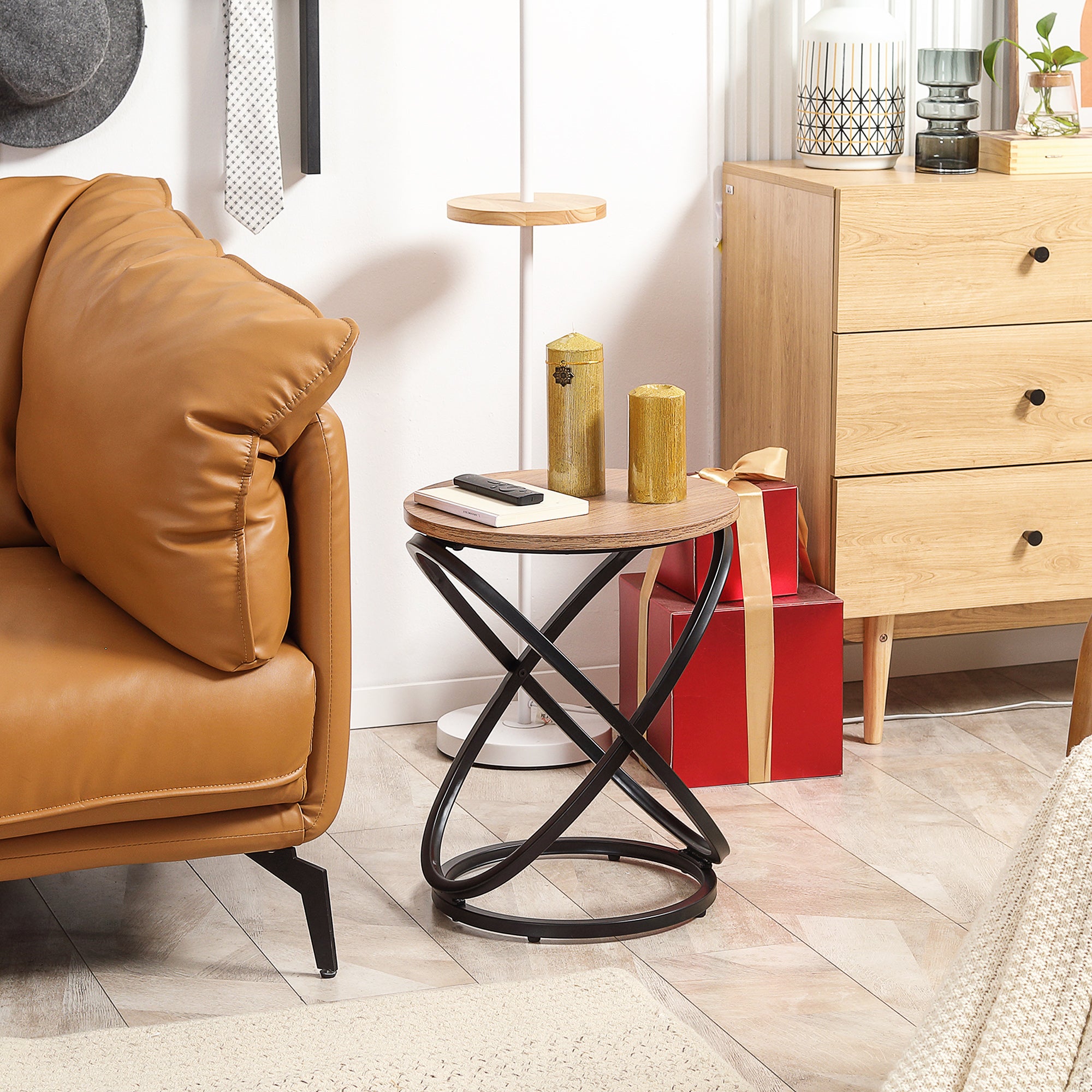HOMCOM Side Table, Round End Table with Cross-ring Steel Frame, Industrial Accent Table for Living Room, Light Brown