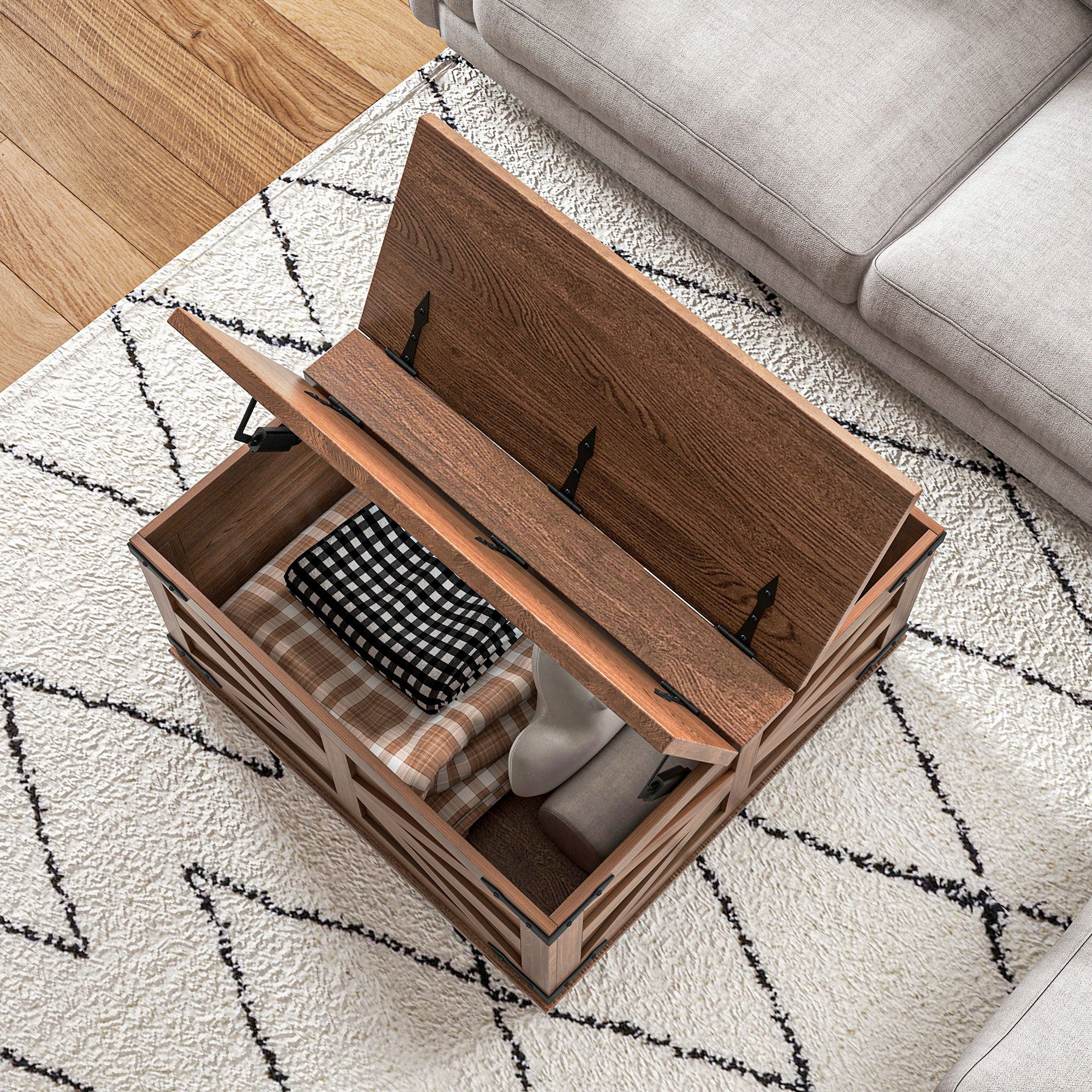 HOMCOM Farmhouse Coffee Table with Storage, Center Table with Hinged Lift Top and Hidden Space, Square Coffee Table for Living Room, Brown