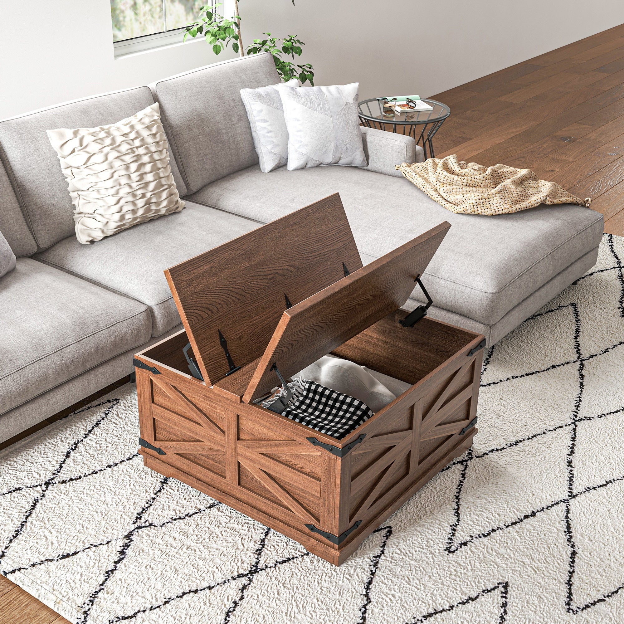 HOMCOM Farmhouse Coffee Table with Storage, Center Table with Hinged Lift Top and Hidden Space, Square Coffee Table for Living Room, Brown