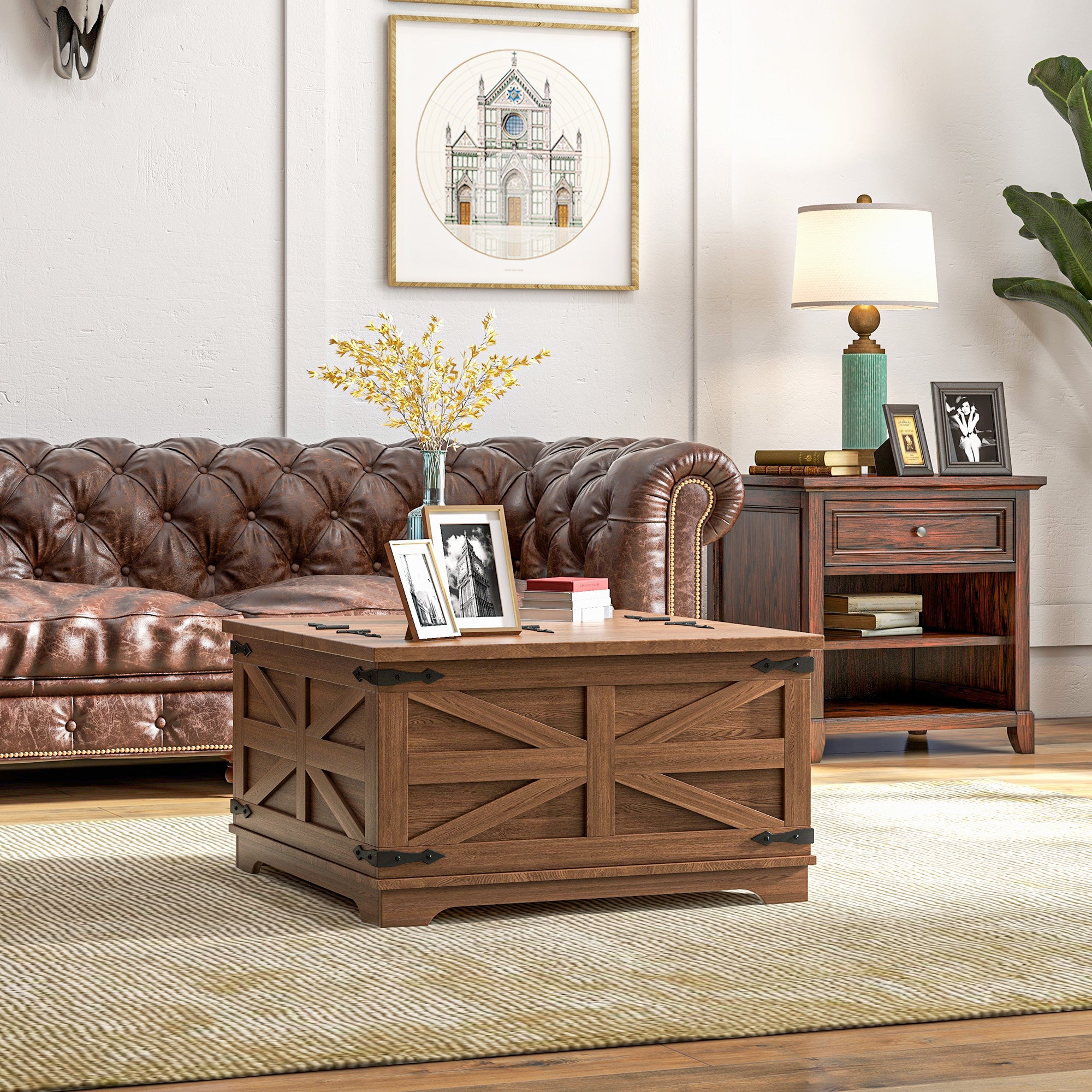HOMCOM Farmhouse Coffee Table with Storage, Center Table with Hinged Lift Top and Hidden Space, Square Coffee Table for Living Room, Brown