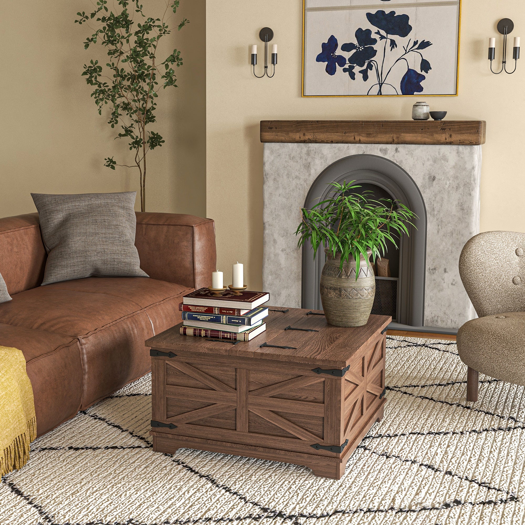 HOMCOM Farmhouse Coffee Table with Storage, Center Table with Hinged Lift Top and Hidden Space, Square Coffee Table for Living Room, Brown