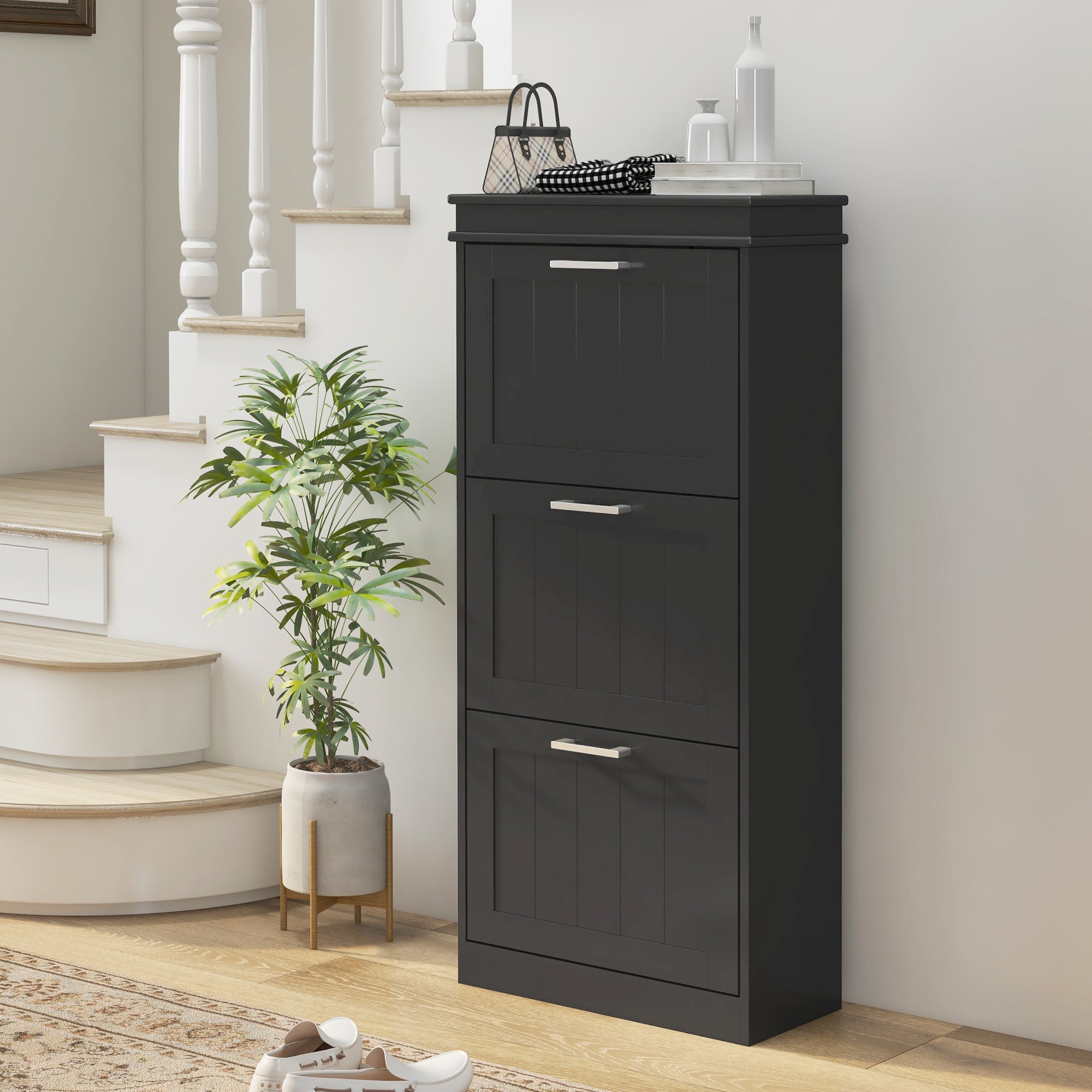 HOMCOM Shoe Cabinet for entryway, Narrow Shoe Storage Cabinet with 3 Flip Drawers and Adjustable Shelves for 15 Pairs of Shoes, Black