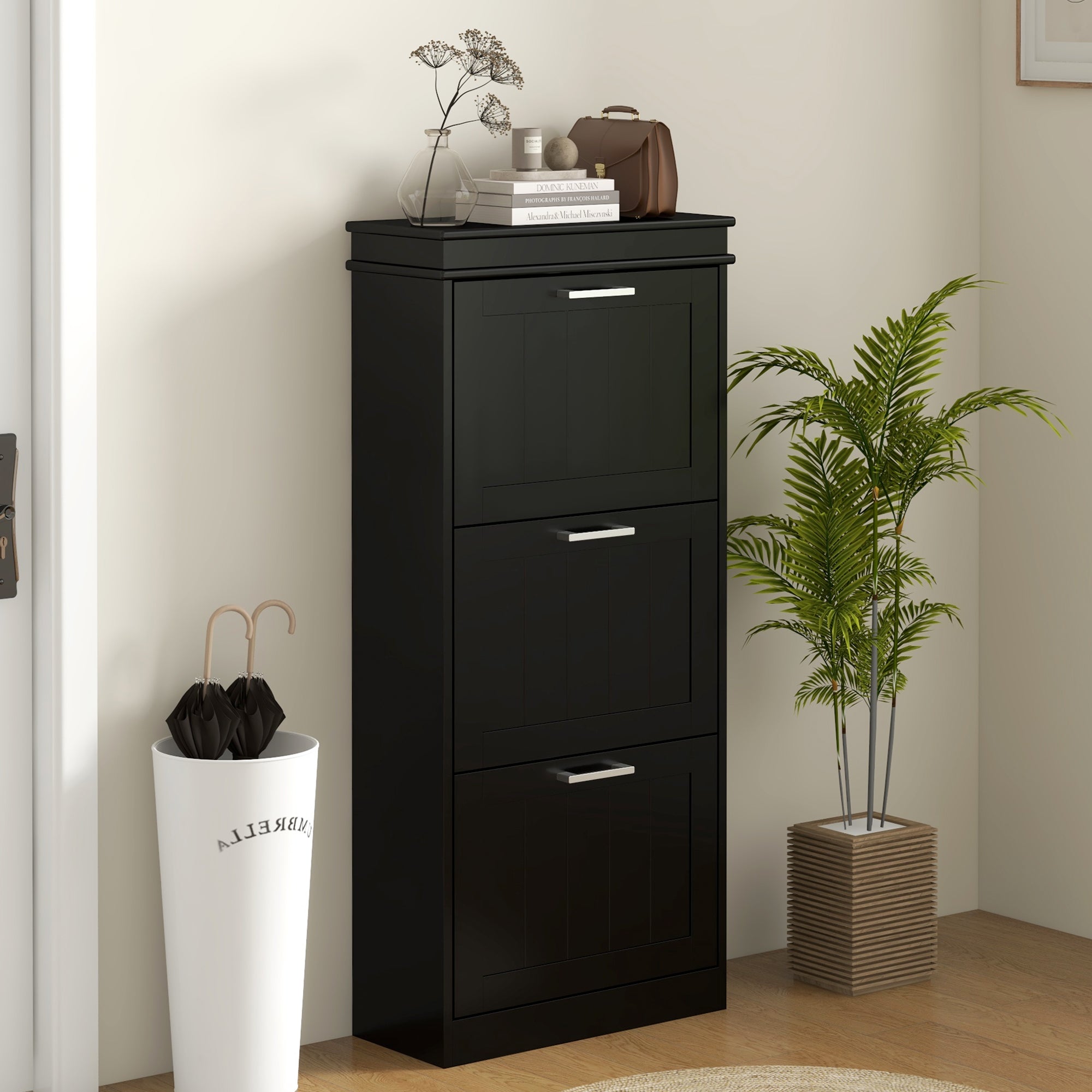HOMCOM Shoe Cabinet for entryway, Narrow Shoe Storage Cabinet with 3 Flip Drawers and Adjustable Shelves for 15 Pairs of Shoes, Black