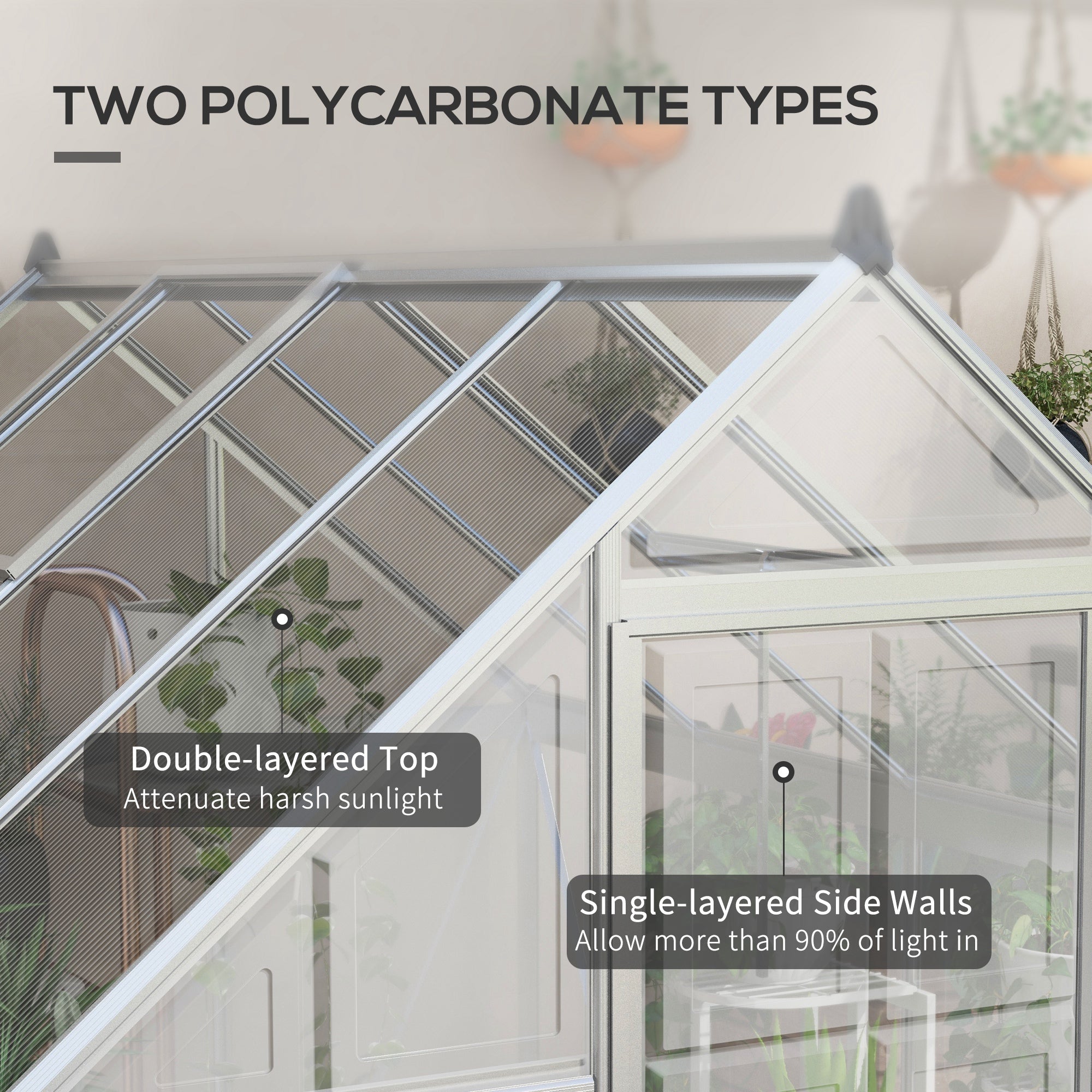 Outsunny 6' x 8' Polycarbonate Greenhouse with 2 Polycarbonate Types, Walk-in Green House with Hinged Door, 5-Level Roof Vents, Rain Gutter, Aluminium Frame and Foundation Kit