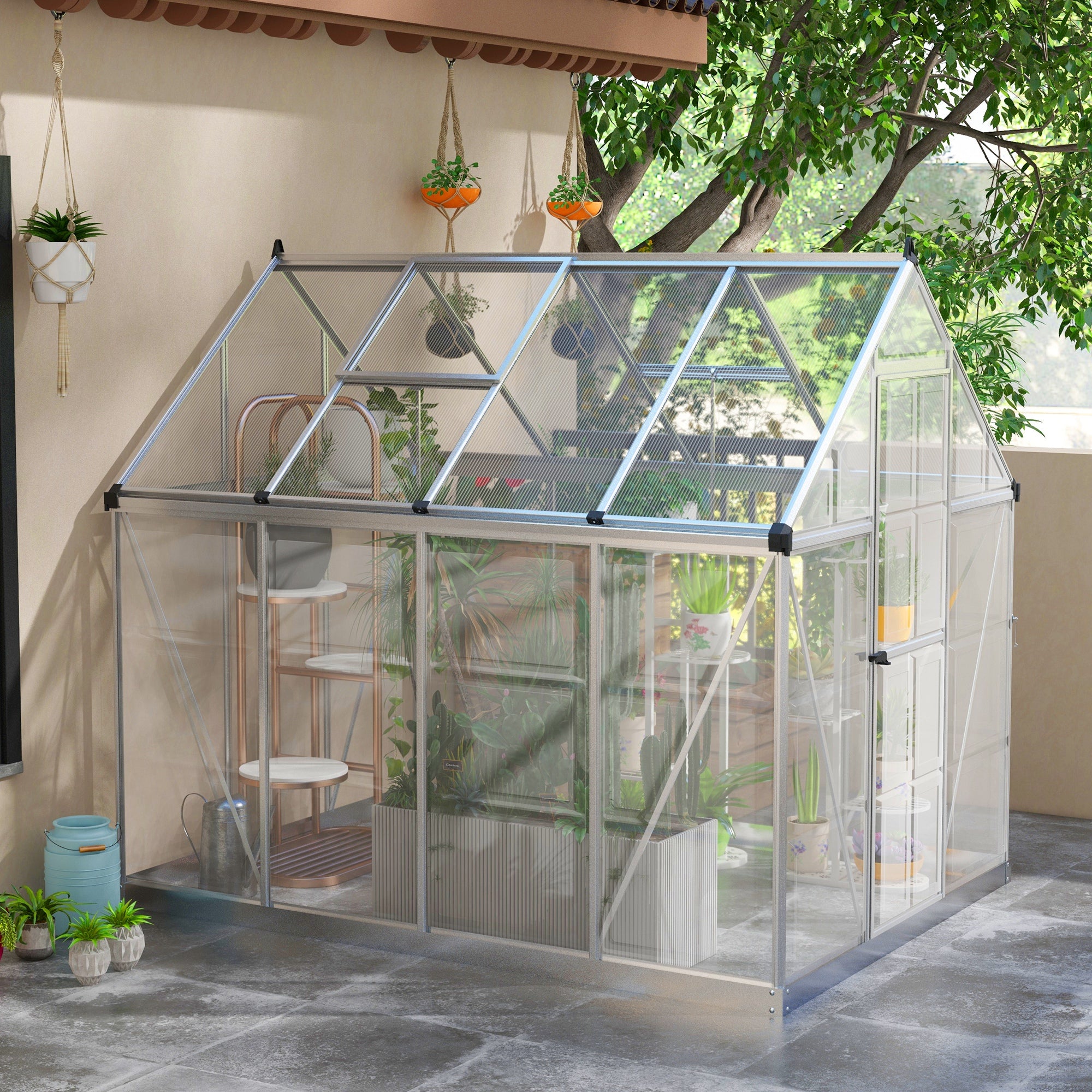 Outsunny 6' x 8' Polycarbonate Greenhouse with 2 Polycarbonate Types, Walk-in Green House with Hinged Door, 5-Level Roof Vents, Rain Gutter, Aluminium Frame and Foundation Kit