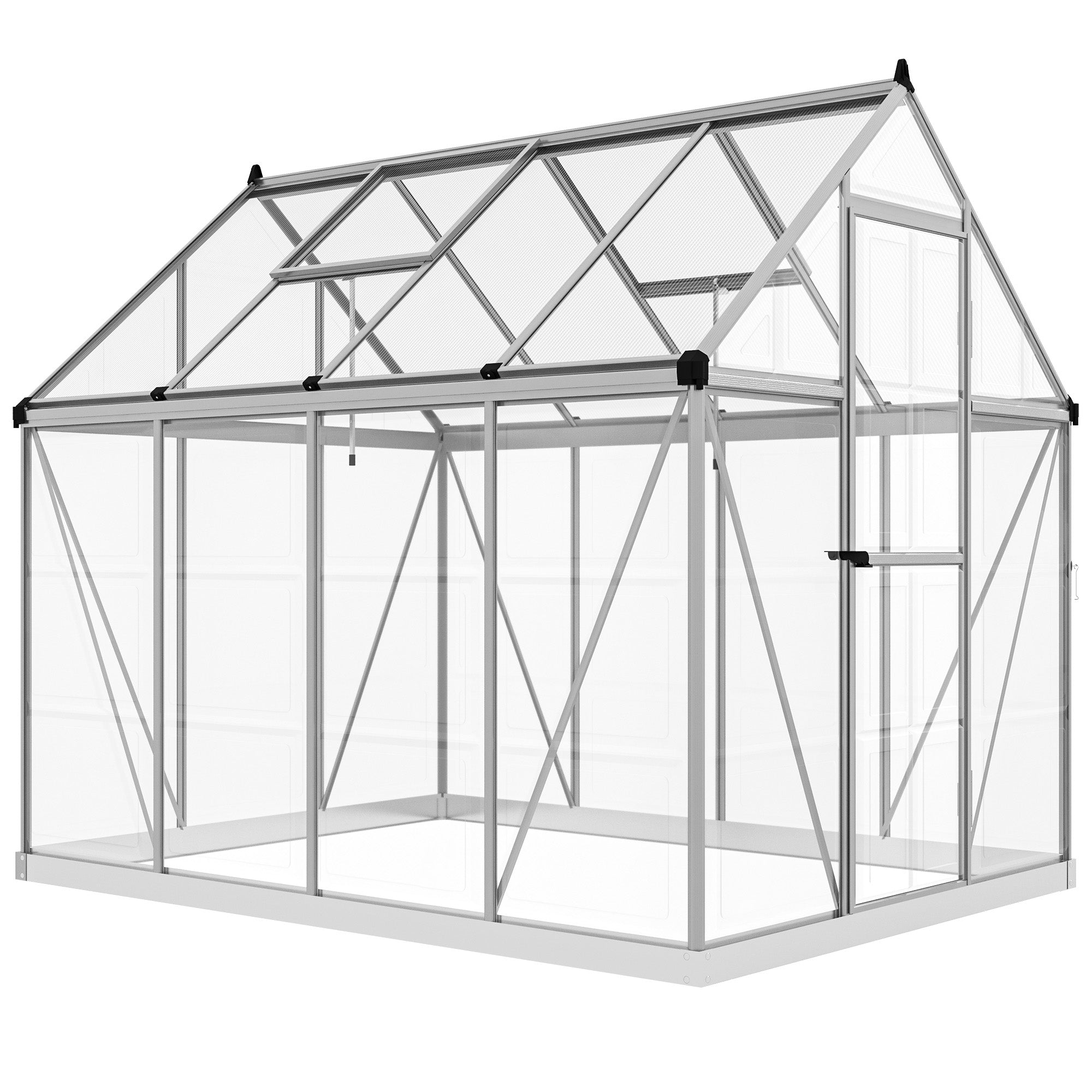 Outsunny 6' x 8' Polycarbonate Greenhouse with 2 Polycarbonate Types, Walk-in Green House with Hinged Door, 5-Level Roof Vents, Rain Gutter, Aluminium Frame and Foundation Kit