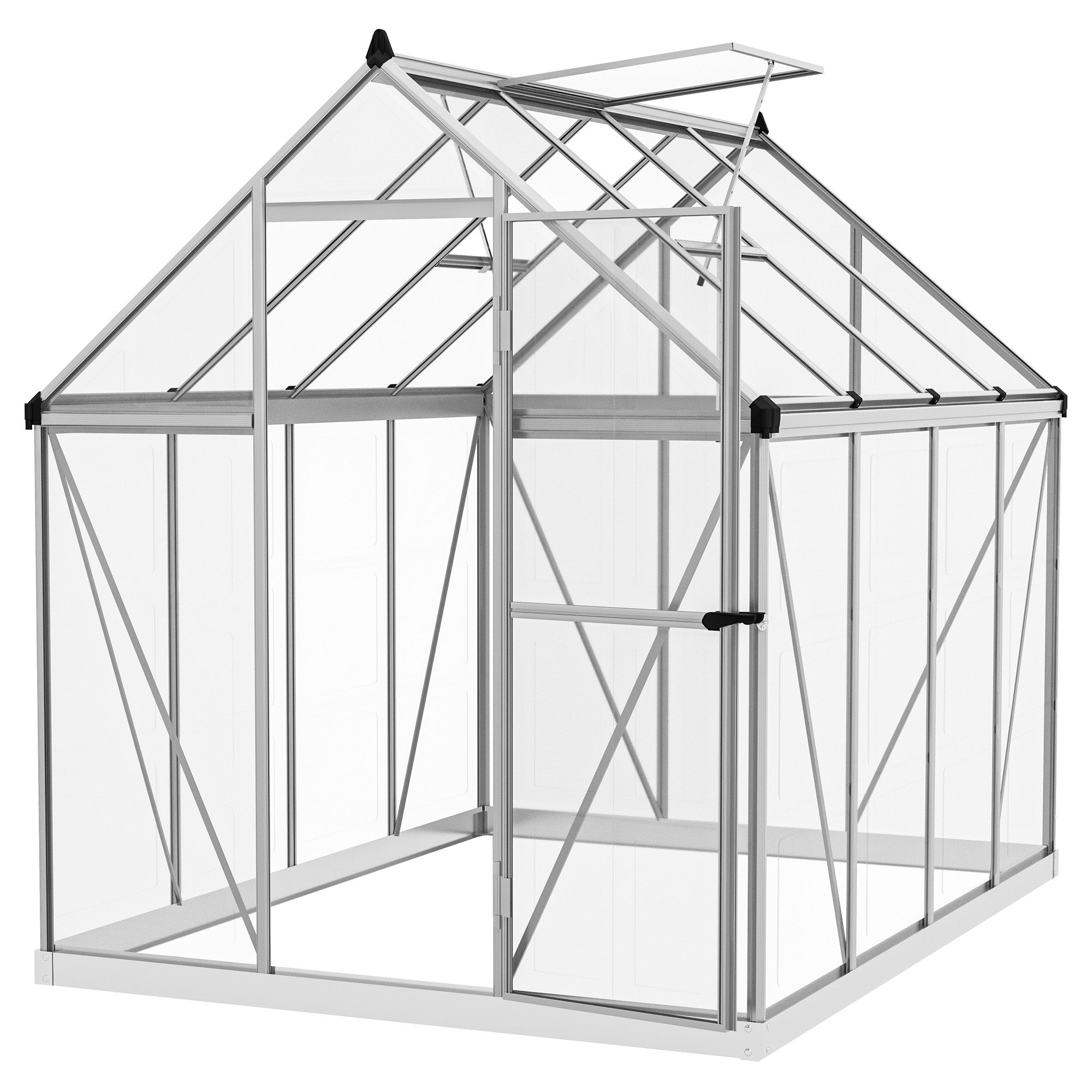 Outsunny 6' x 8' Polycarbonate Greenhouse with 2 Polycarbonate Types, Walk-in Green House with Hinged Door, 5-Level Roof Vents, Rain Gutter, Aluminium Frame and Foundation Kit