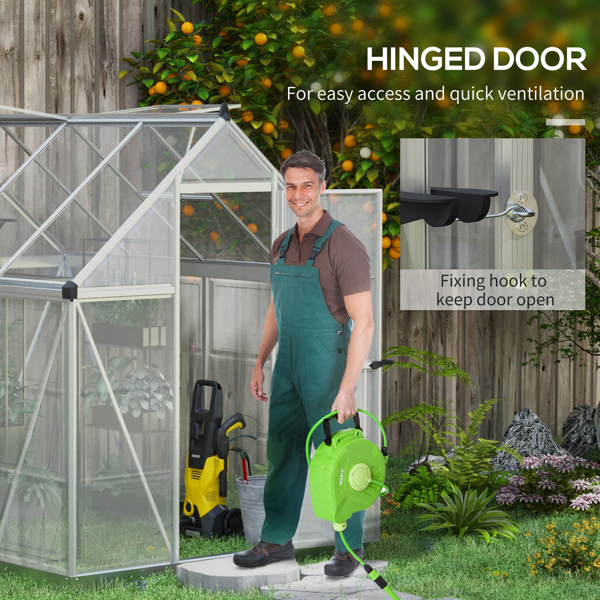 Outsunny 6' x 8' Polycarbonate Greenhouse with 2 Polycarbonate Types, Walk-in Green House with Hinged Door, 5-Level Roof Vents, Rain Gutter, Aluminium Frame and Foundation Kit