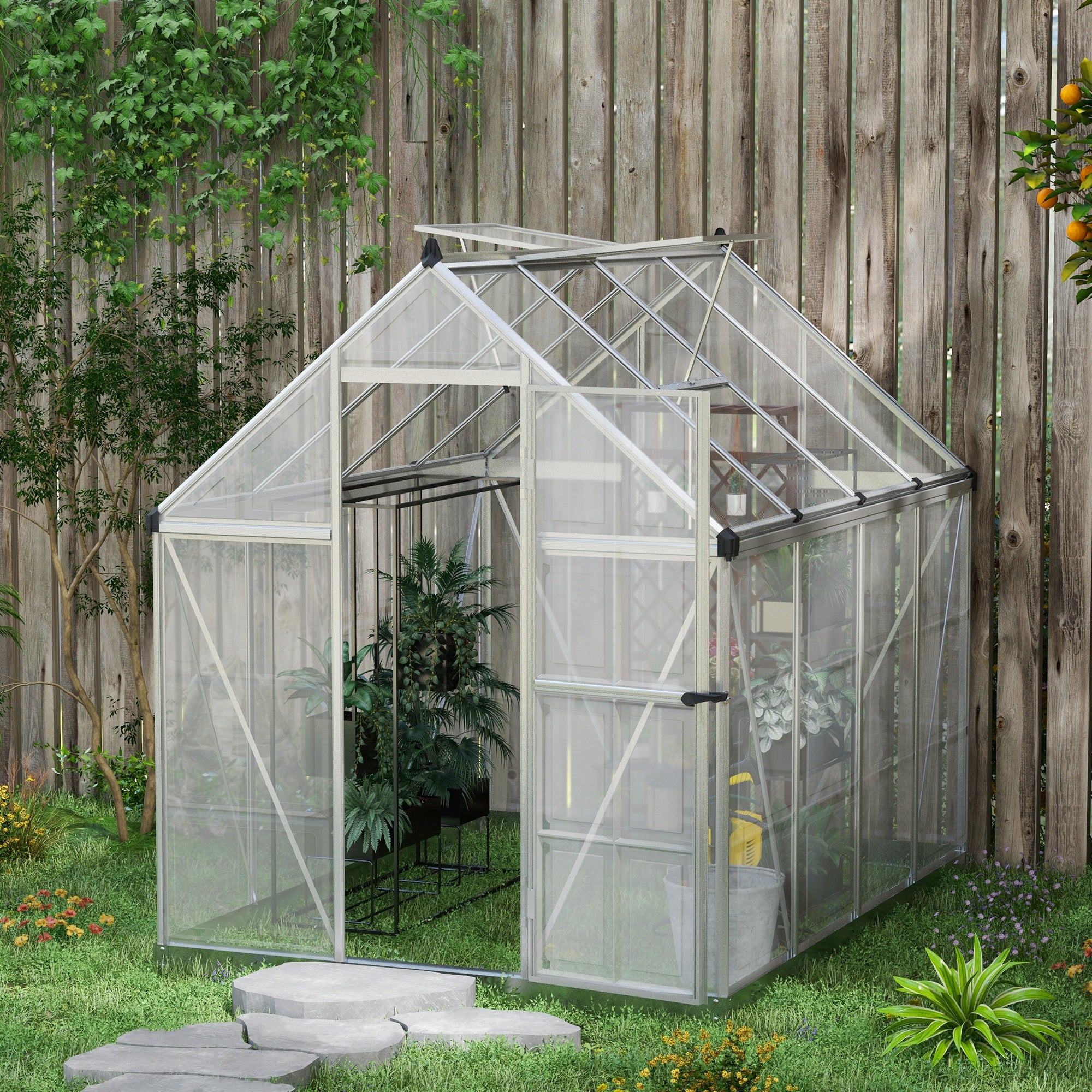 Outsunny 6' x 8' Polycarbonate Greenhouse with 2 Polycarbonate Types, Walk-in Green House with Hinged Door, 5-Level Roof Vents, Rain Gutter, Aluminium Frame and Foundation Kit
