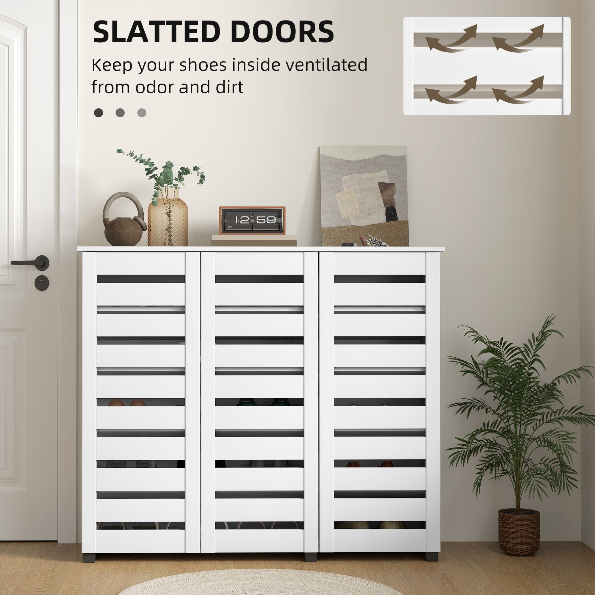 HOMCOM Narrow Shoe Cabinet with 3 Slatted Doors, Modern Shoe Storage Cabinet with Adjustable Shelves for 20 Pairs of Shoes, Slim Shoe Cabinet for Entryway, Hallway, White