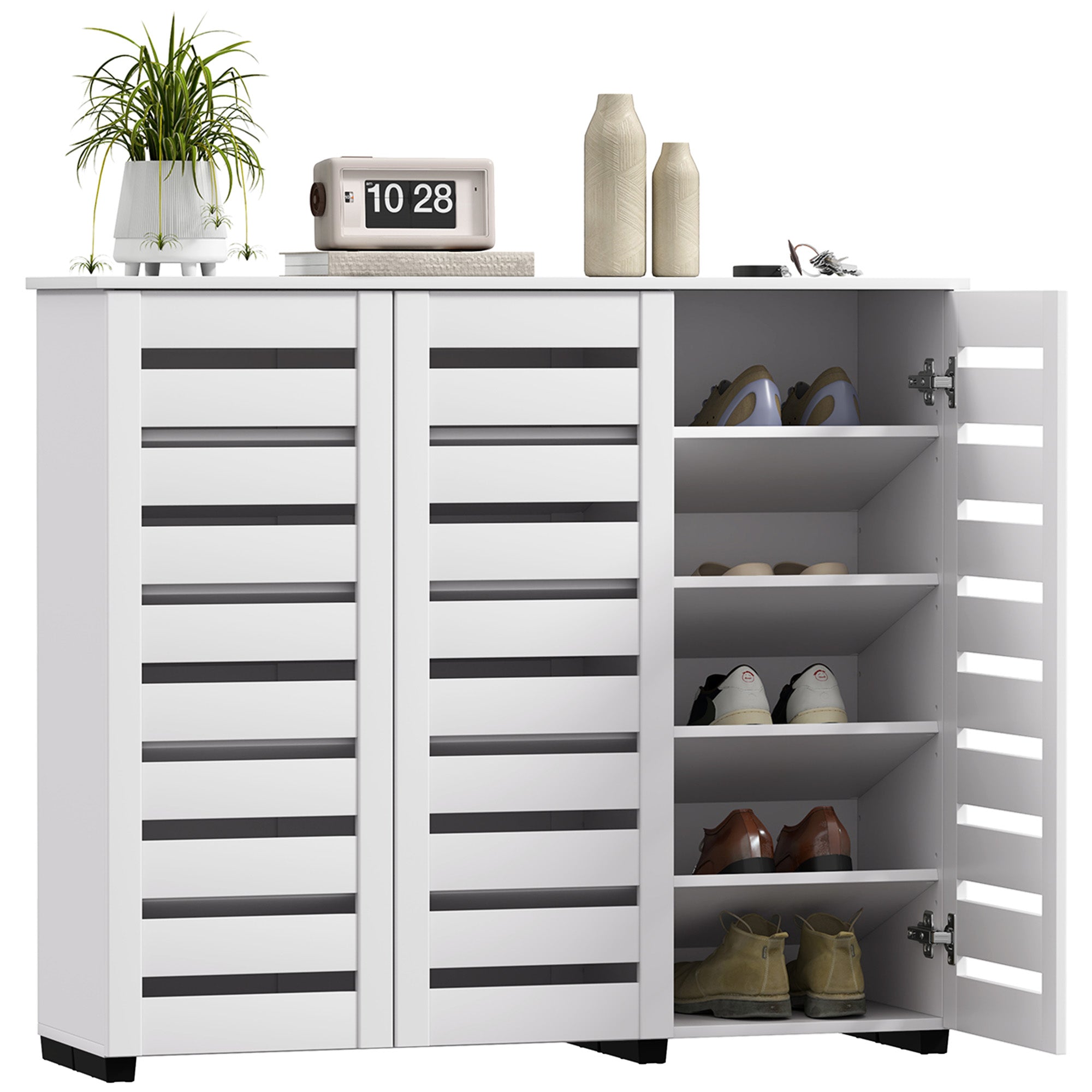 HOMCOM Narrow Shoe Cabinet with 3 Slatted Doors, Modern Shoe Storage Cabinet with Adjustable Shelves for 20 Pairs of Shoes, Slim Shoe Cabinet for Entryway, Hallway, White