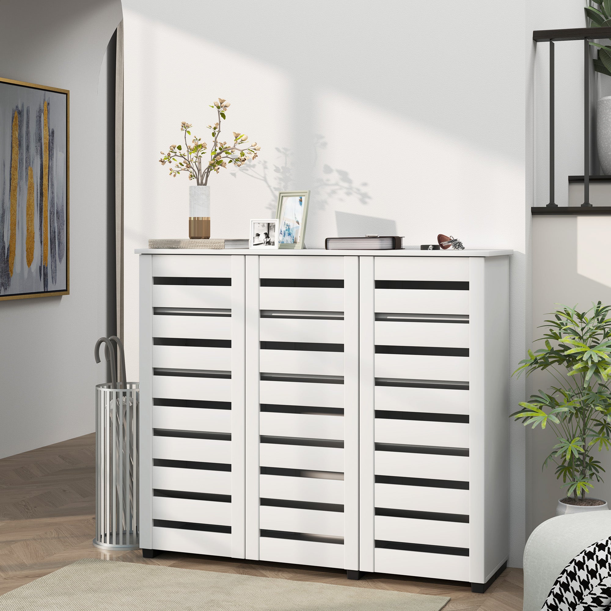 HOMCOM Narrow Shoe Cabinet with 3 Slatted Doors, Modern Shoe Storage Cabinet with Adjustable Shelves for 20 Pairs of Shoes, Slim Shoe Cabinet for Entryway, Hallway, White