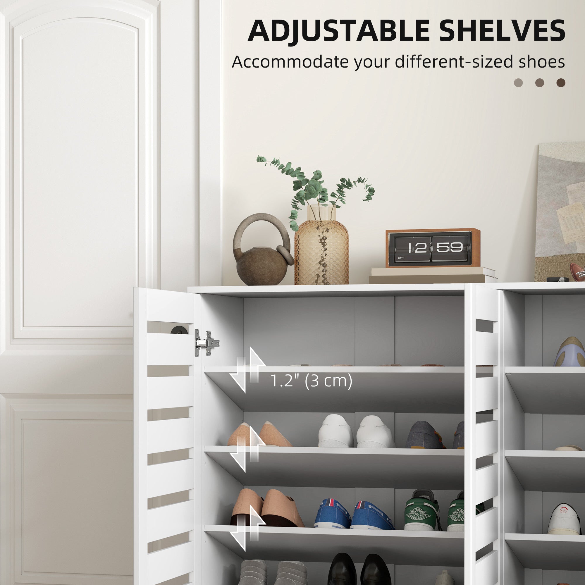 HOMCOM Narrow Shoe Cabinet with 3 Slatted Doors, Modern Shoe Storage Cabinet with Adjustable Shelves for 20 Pairs of Shoes, Slim Shoe Cabinet for Entryway, Hallway, White
