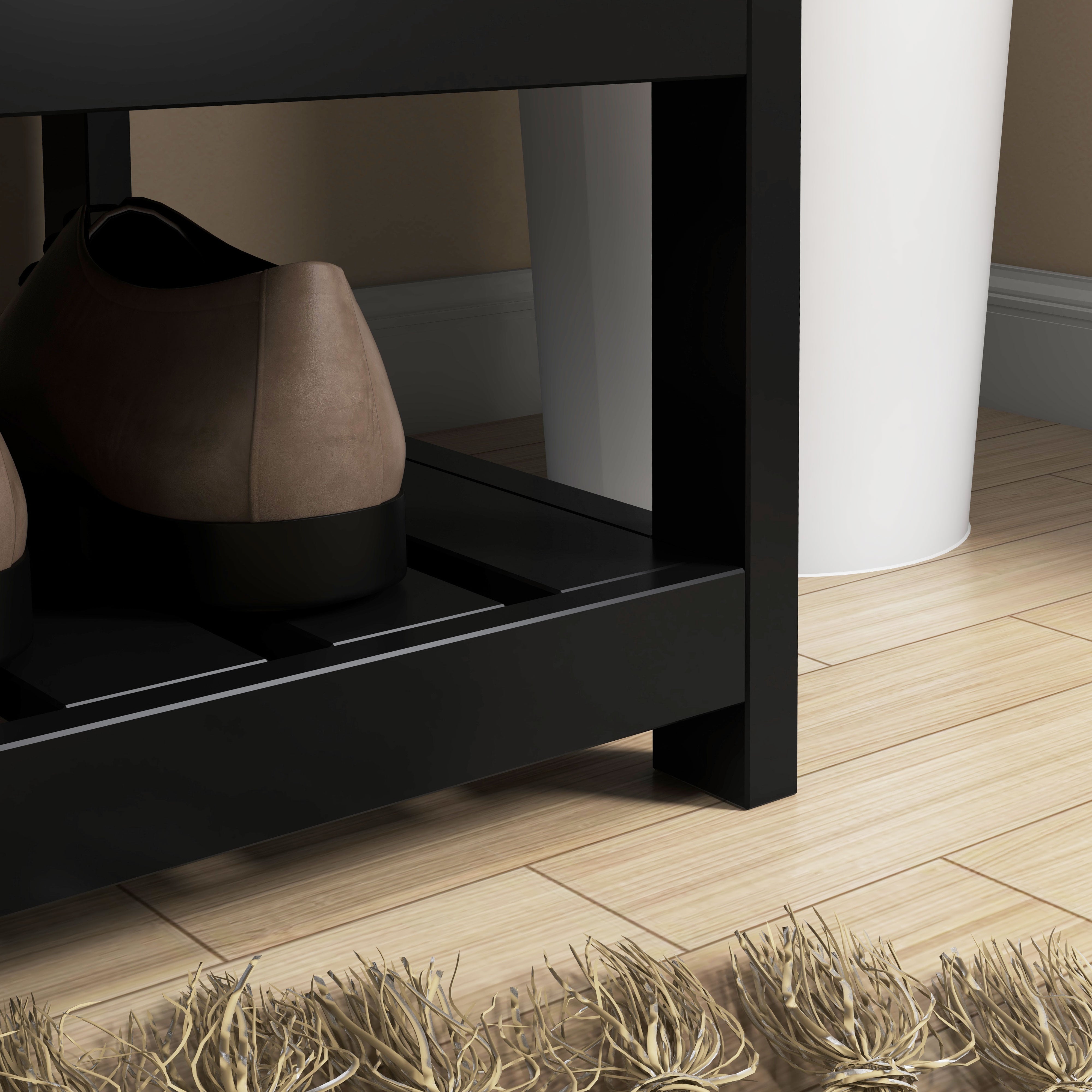 HOMCOM Coat Rack Shoe Bench, Hall Tree with Bench and Shoe Storage, Entryway Bench with 4 Hooks, 2 Drawers, 2 Storage Shelves, Shoe Rack and Padded Seat Cushion, Black