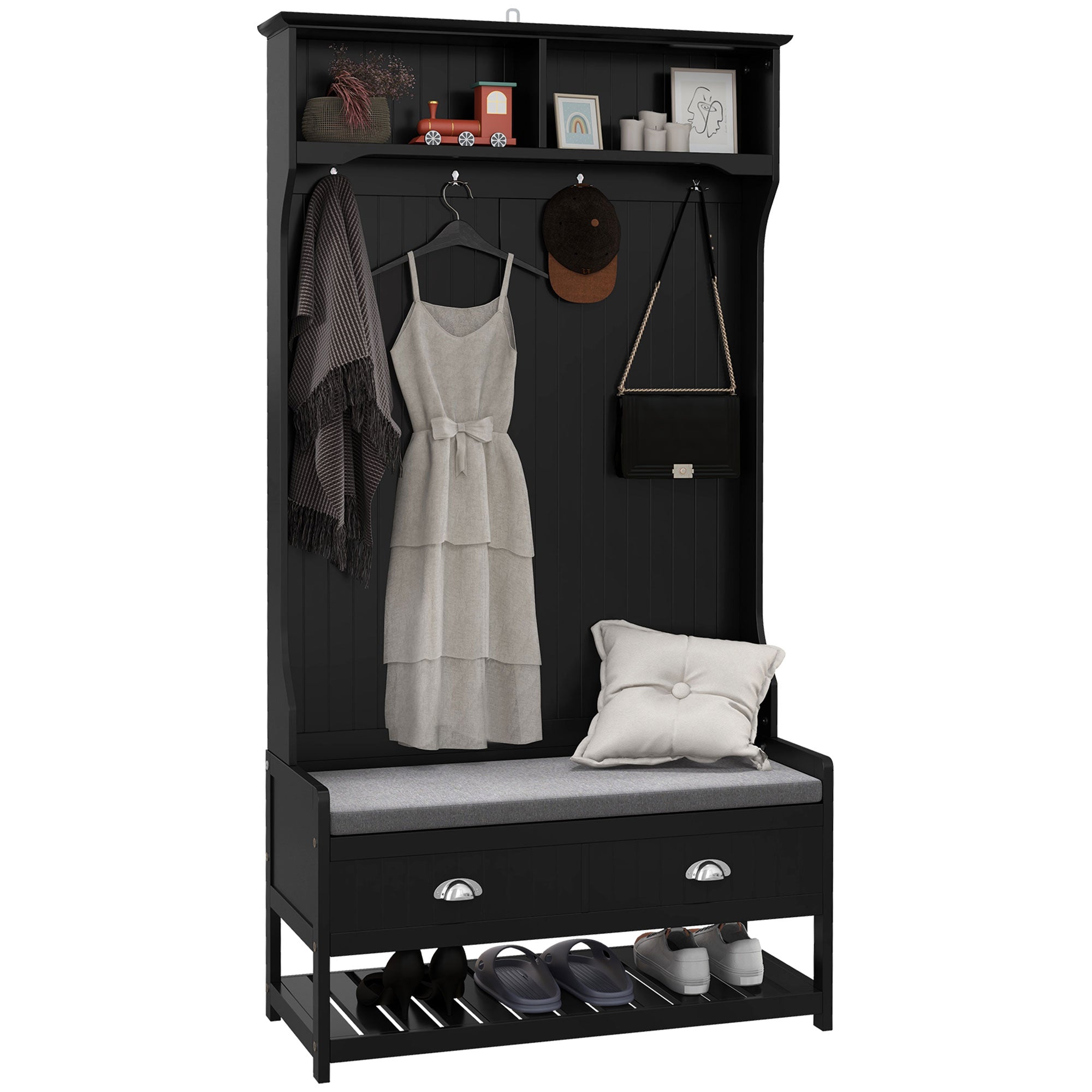 HOMCOM Coat Rack Shoe Bench, Hall Tree with Bench and Shoe Storage, Entryway Bench with 4 Hooks, 2 Drawers, 2 Storage Shelves, Shoe Rack and Padded Seat Cushion, Black