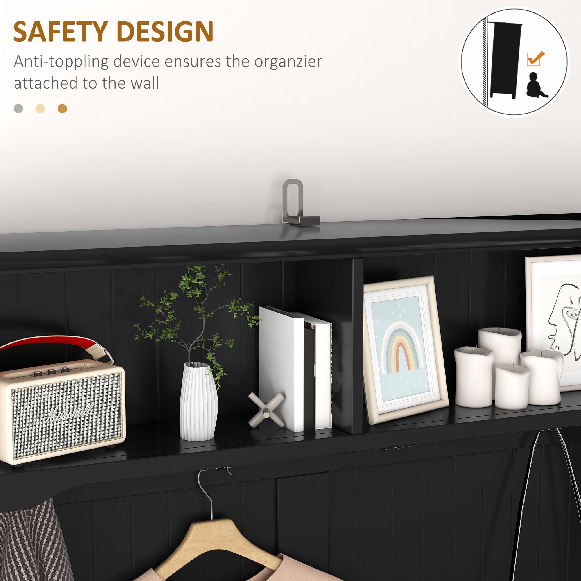 HOMCOM Coat Rack Shoe Bench, Hall Tree with Bench and Shoe Storage, Entryway Bench with 4 Hooks, 2 Drawers, 2 Storage Shelves, Shoe Rack and Padded Seat Cushion, Black